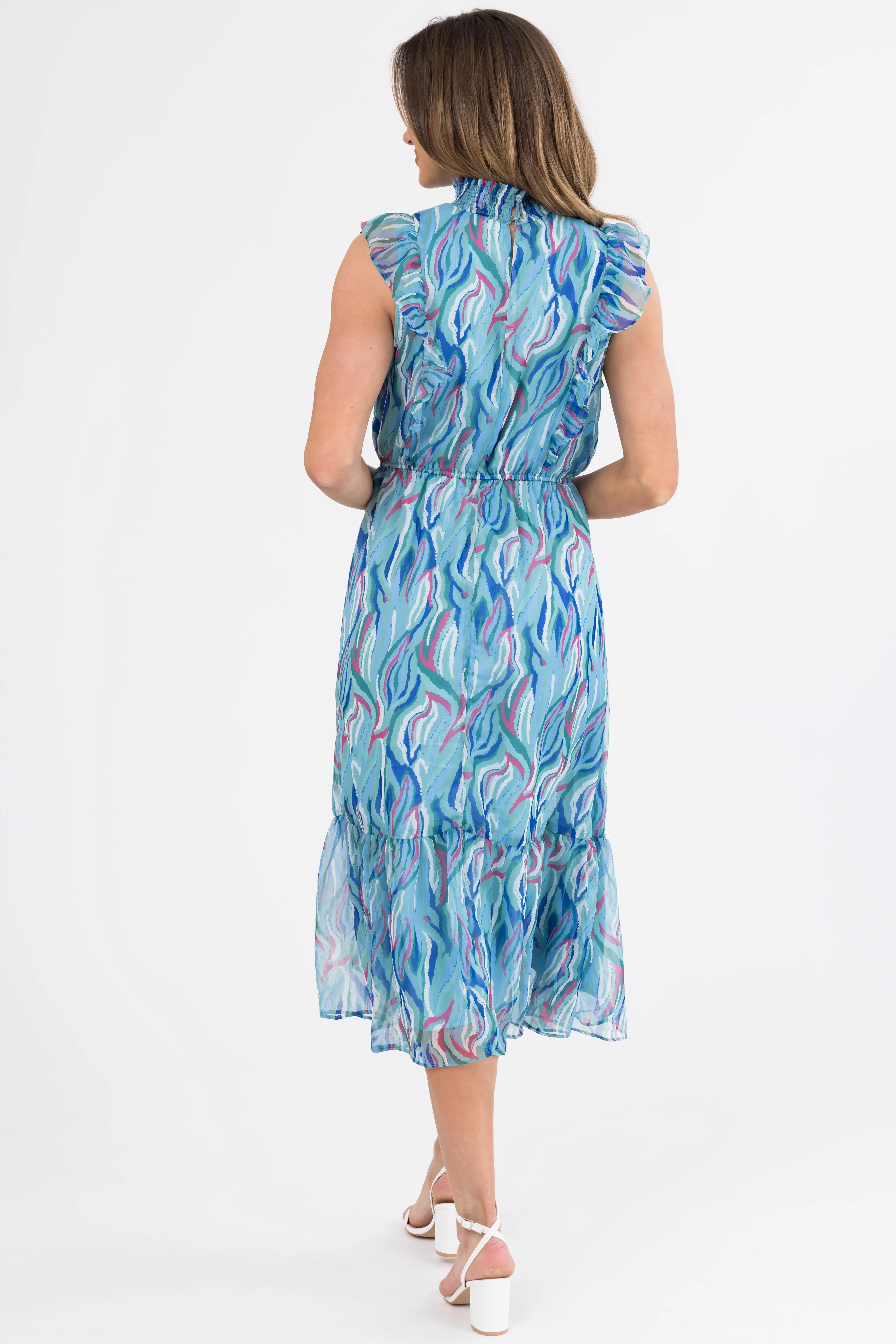 Seafoam Abstract Print Ruffled Midi Dress - LD SALE