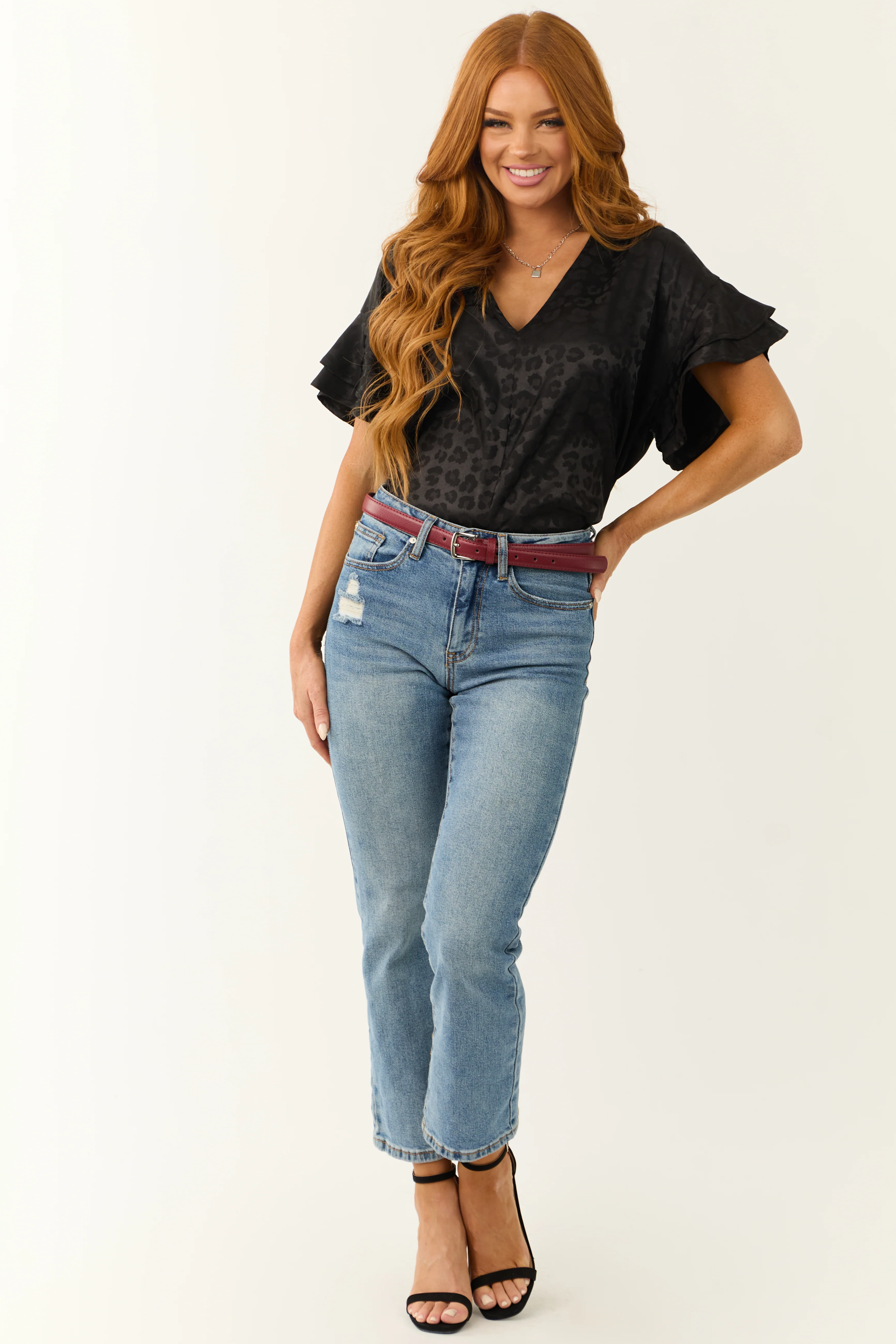 Black Animal Print Short Ruffle Sleeve Top - LD SALE