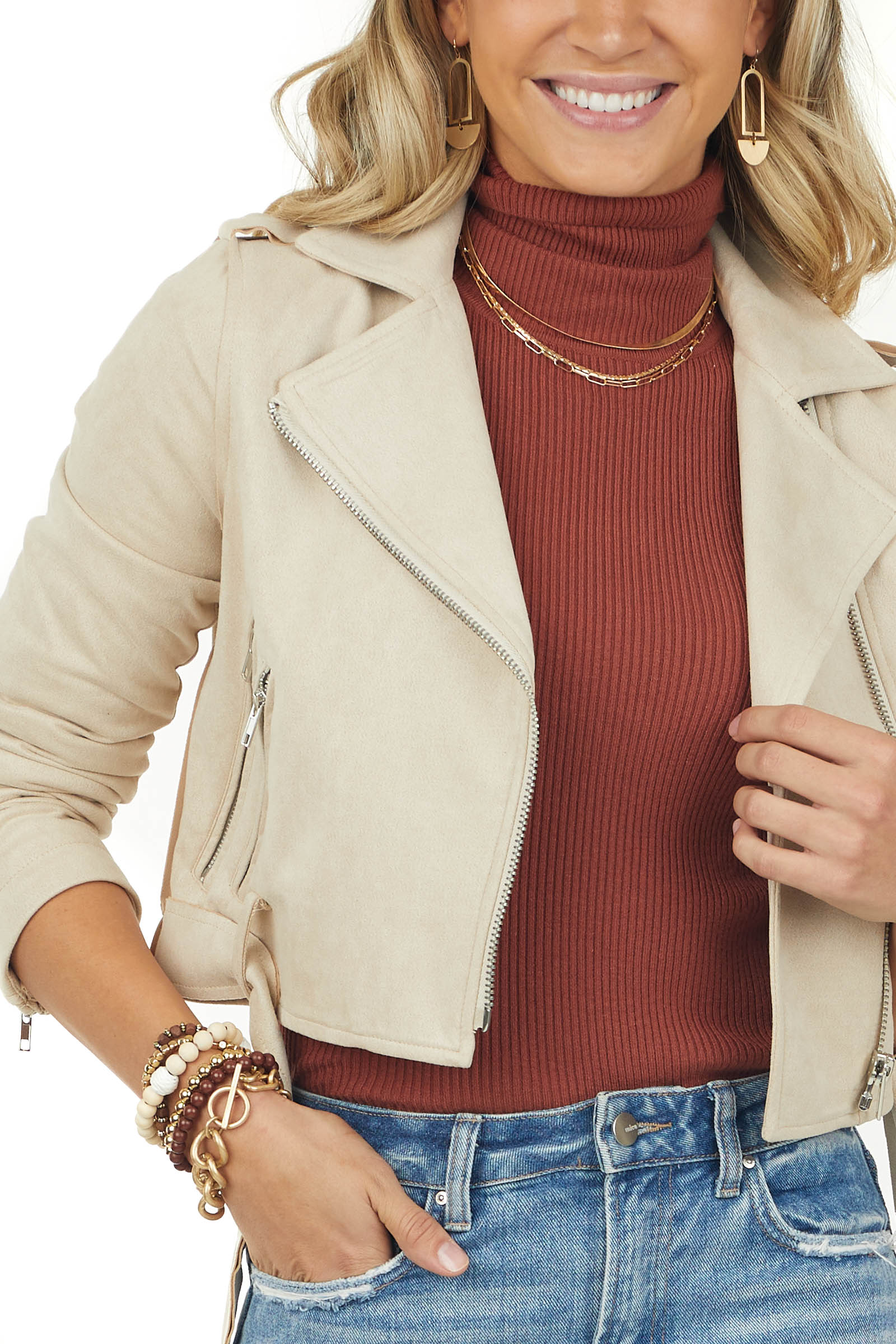 Camel Faux Suede Zip Up Cropped Moto Jacket - LD SALE