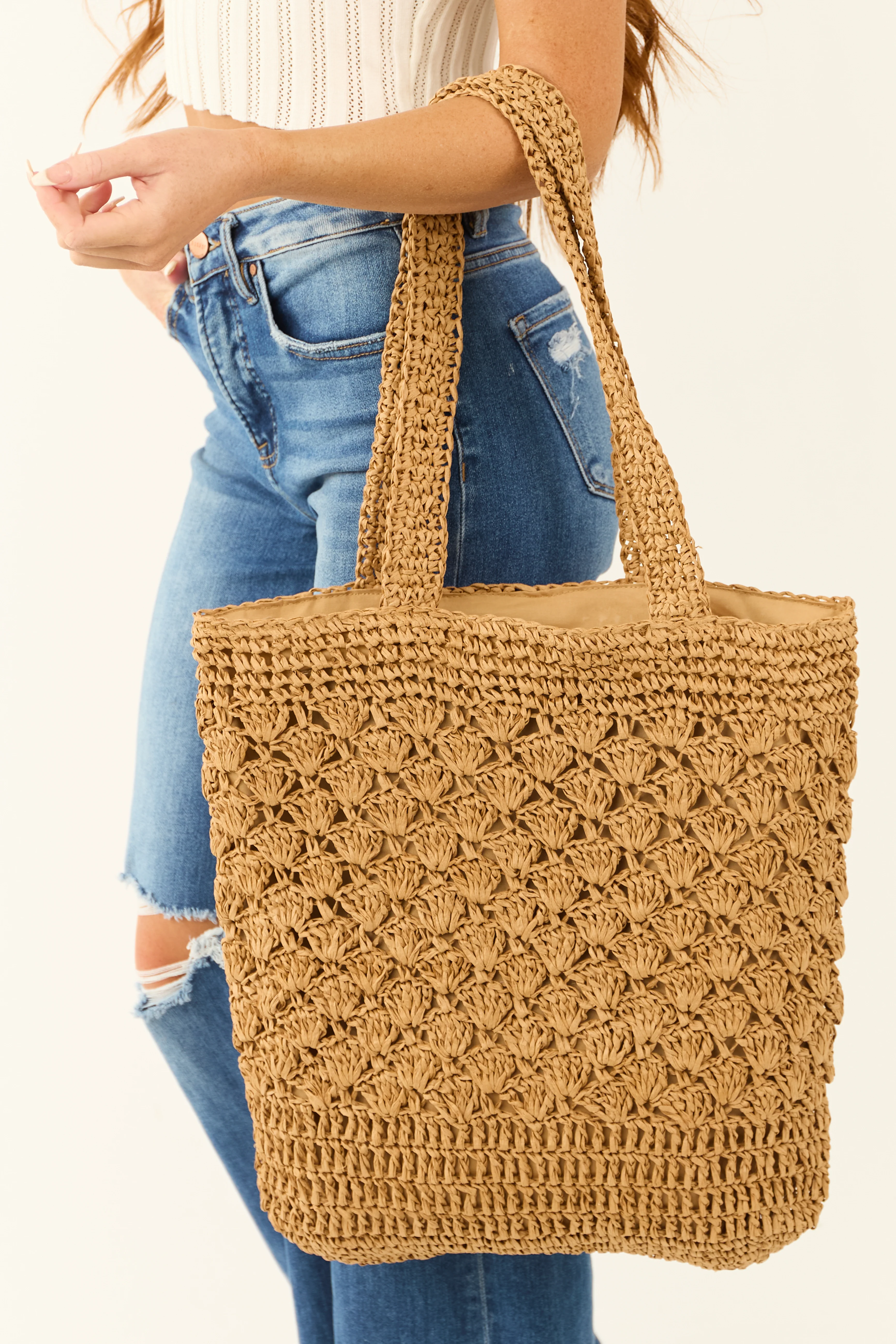 Brown Sugar Braided Woven Deep Tote Bag - LD SALE