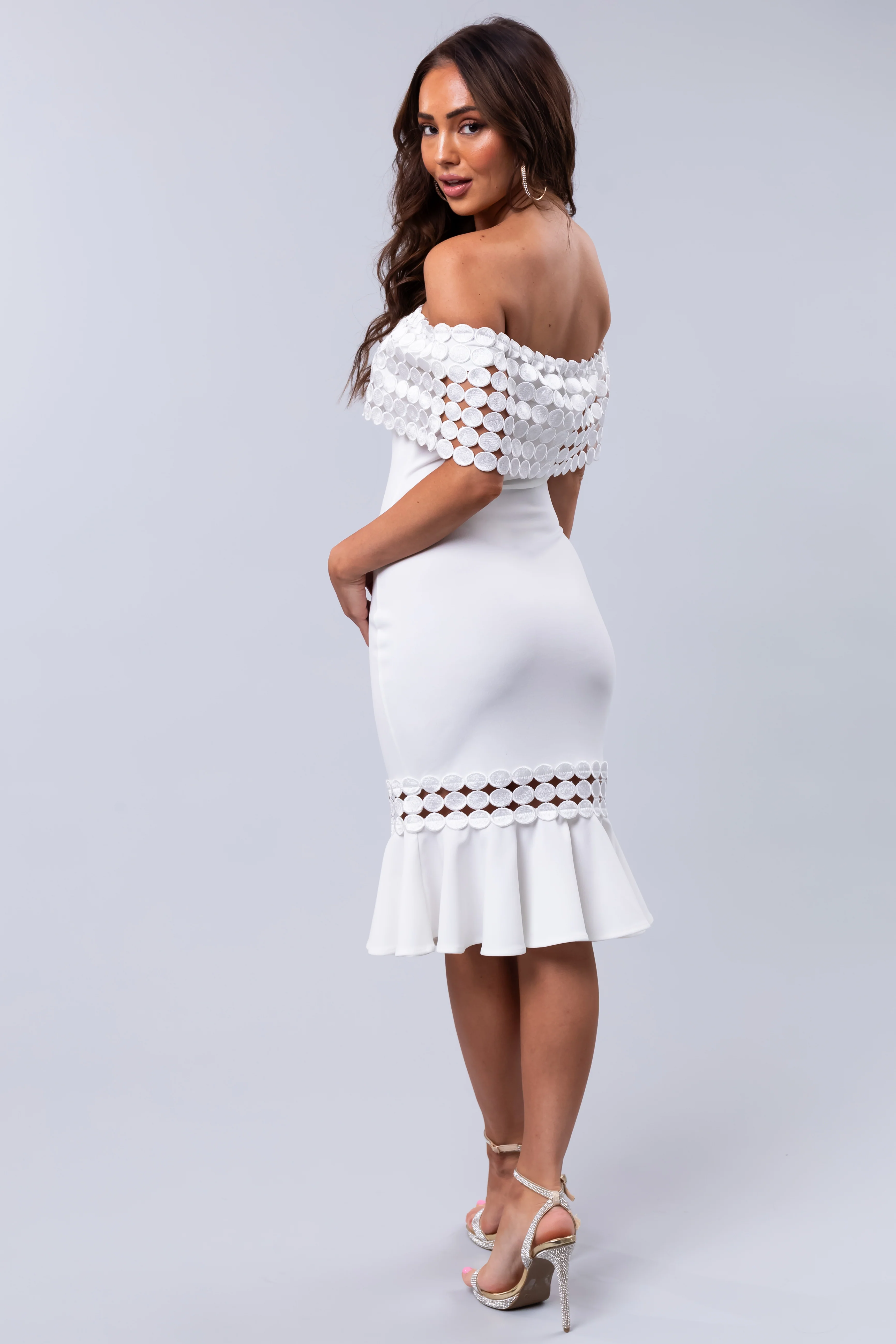 Ivory Off Shoulder Circle Crochet Midi Dress - LD SALE