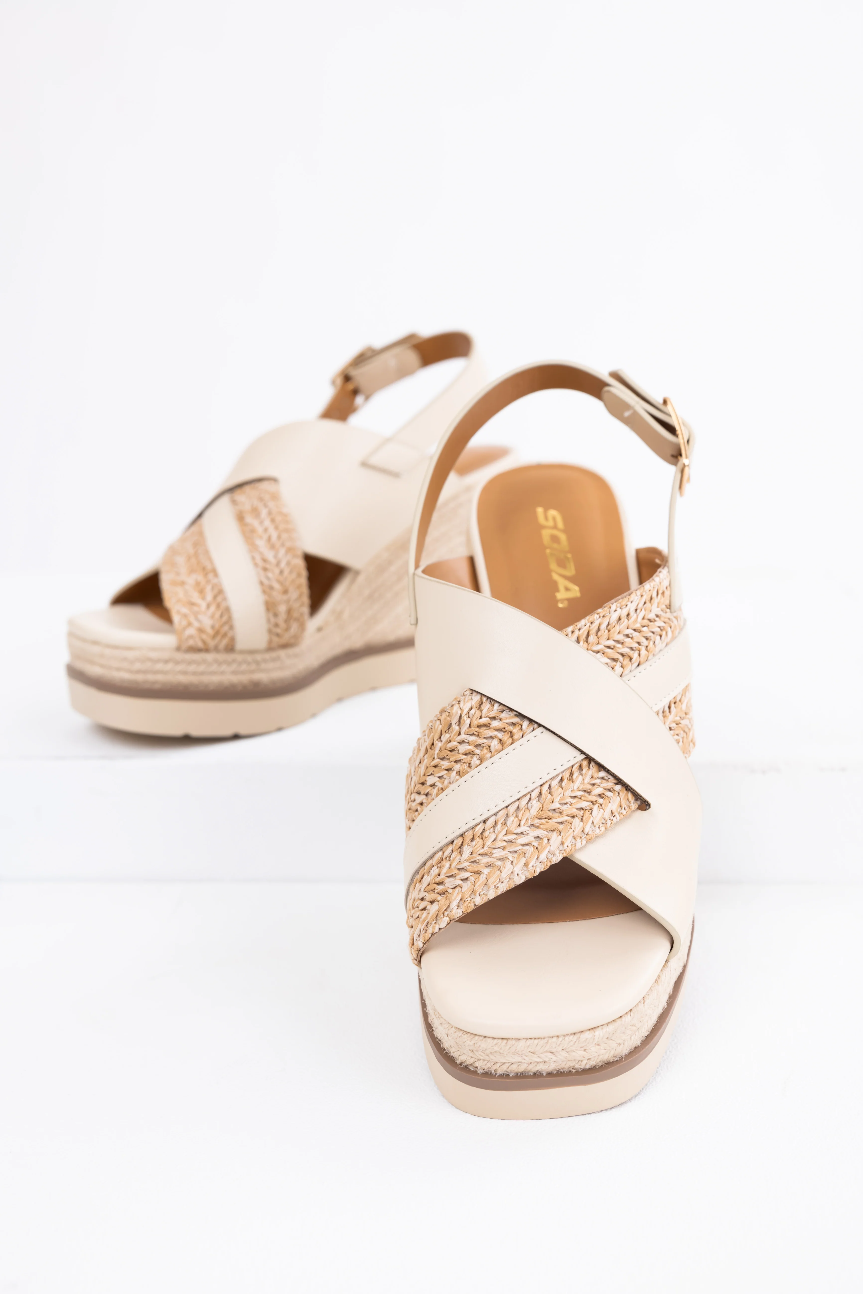 Beige Cross Strap Espadrille Platform Wedges - LD SALE