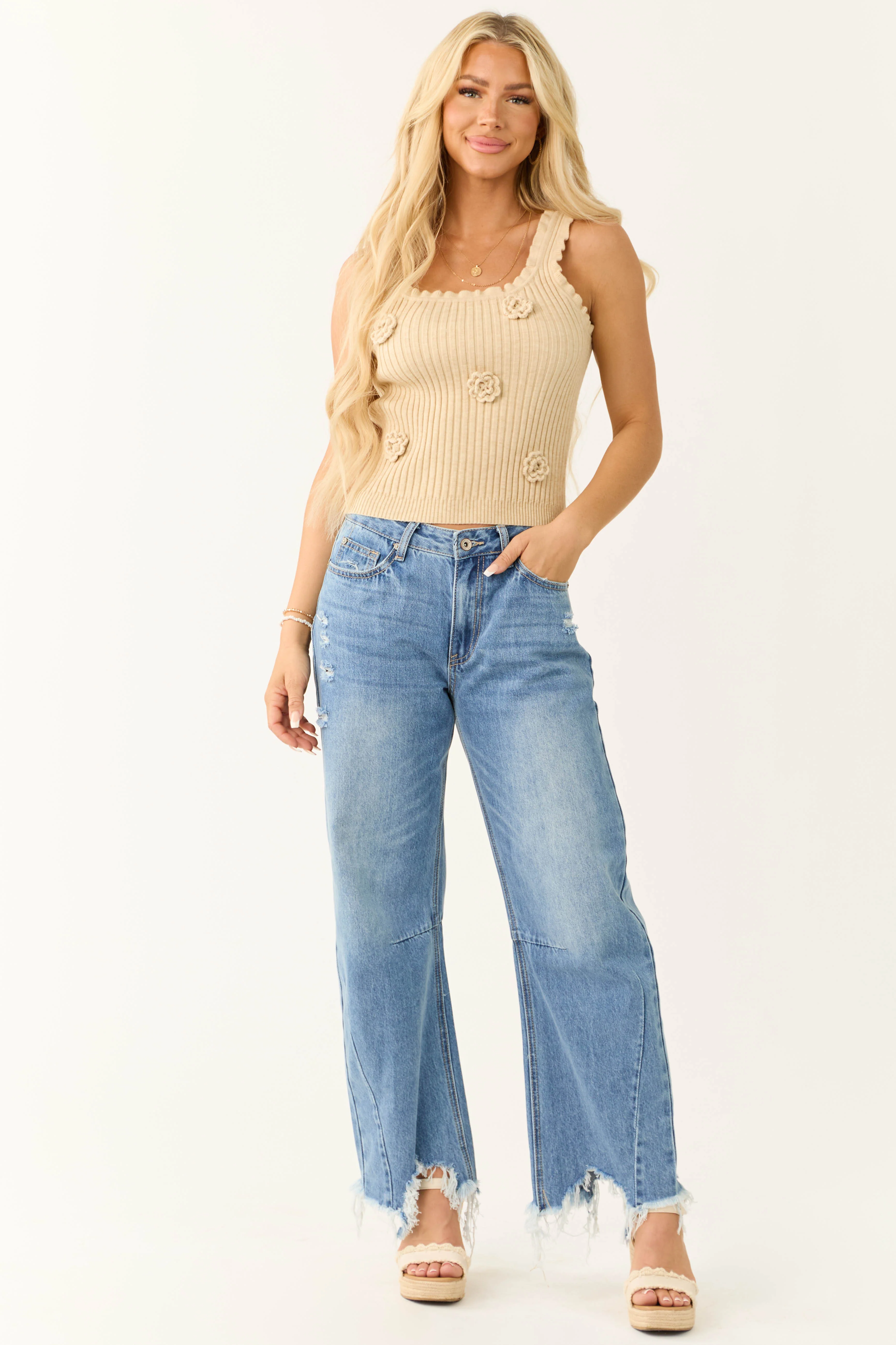 Beige Knit 3D Floral Tank Top - LD SALE