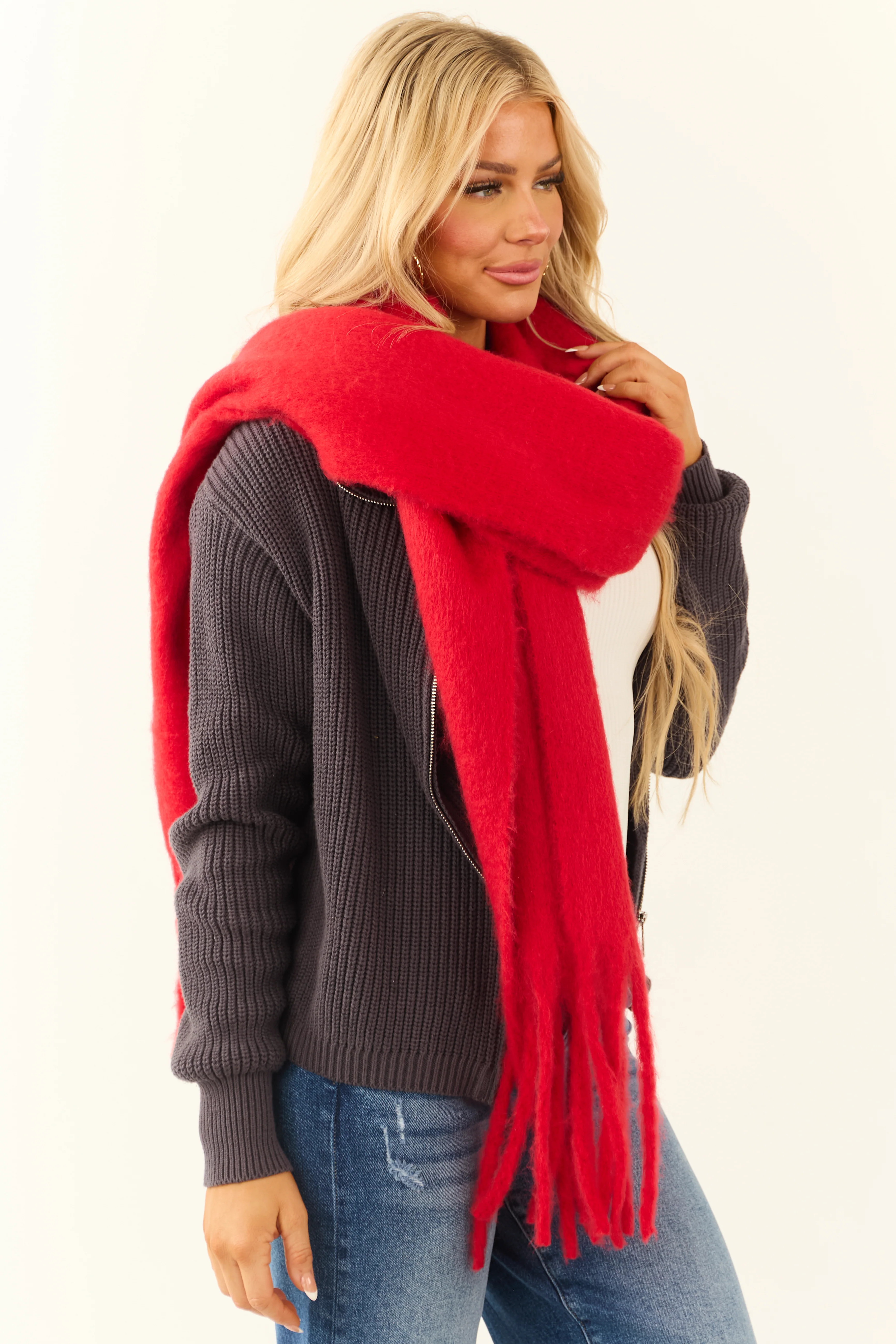 Bright Lipstick Tassel End Oversized Scarf - LD SALE