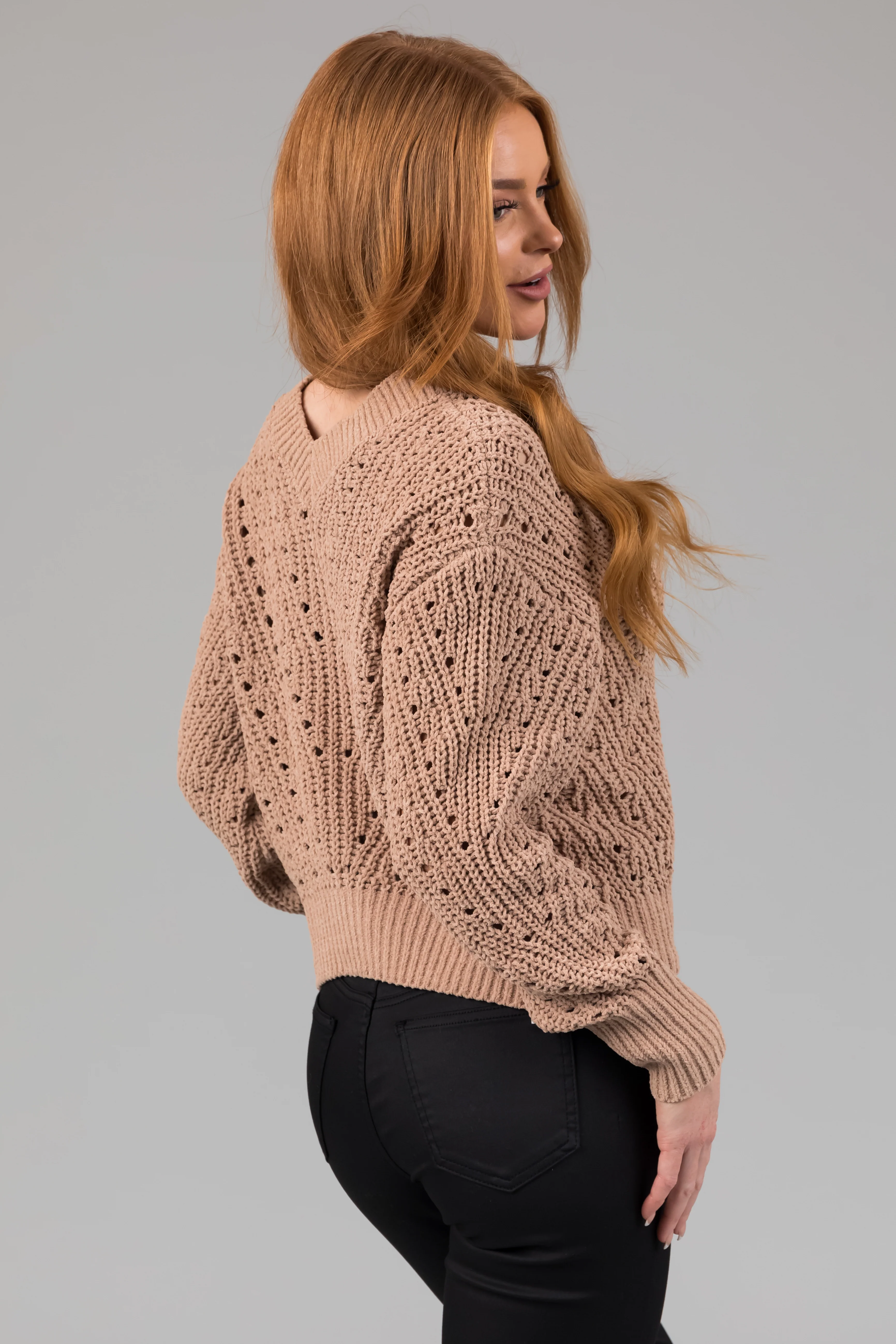 Latte Pointelle Cut Out Chenille Sweater - LD SALE