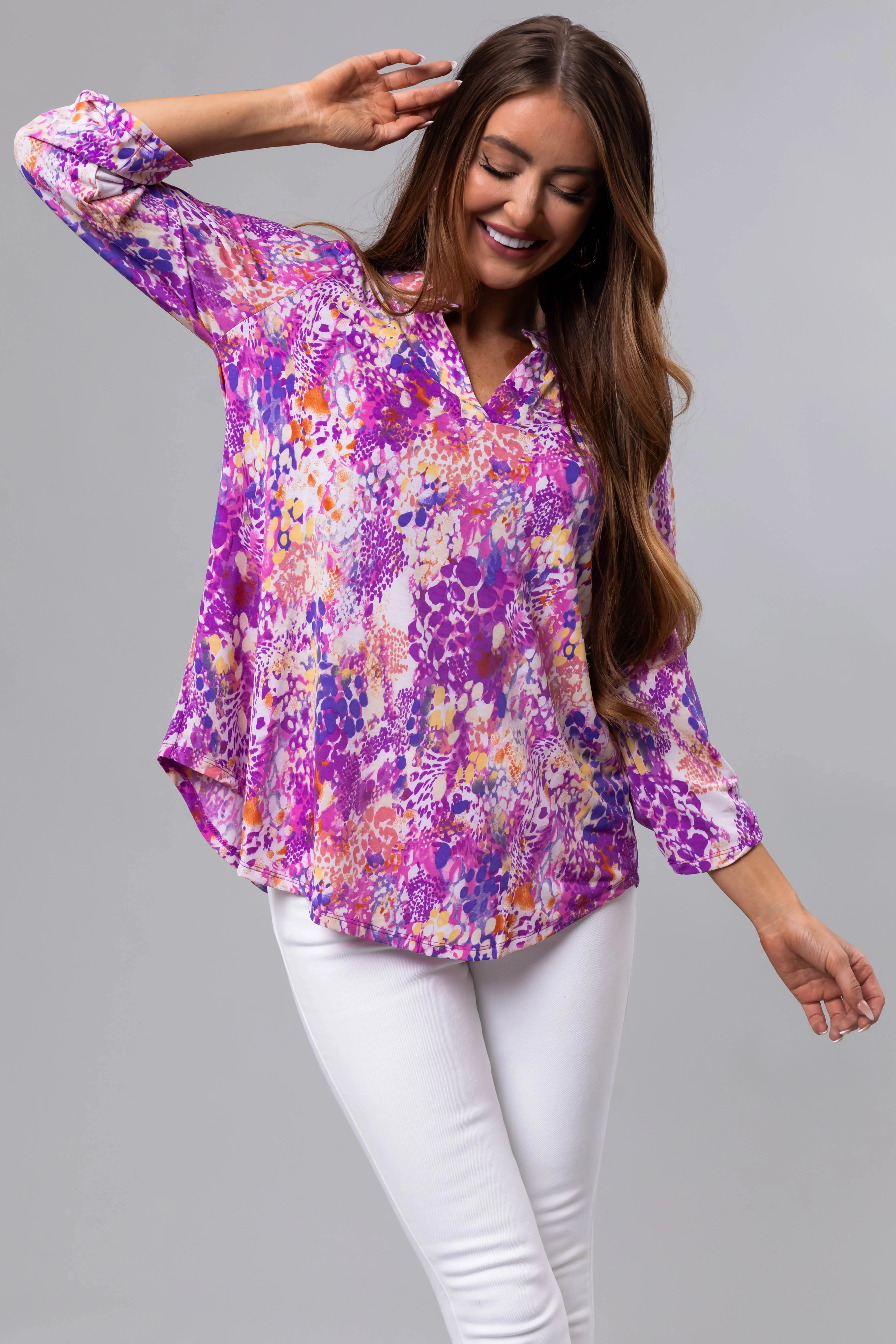 Violet Abstract Print 3/4 Sleeve Blouse - LD SALE