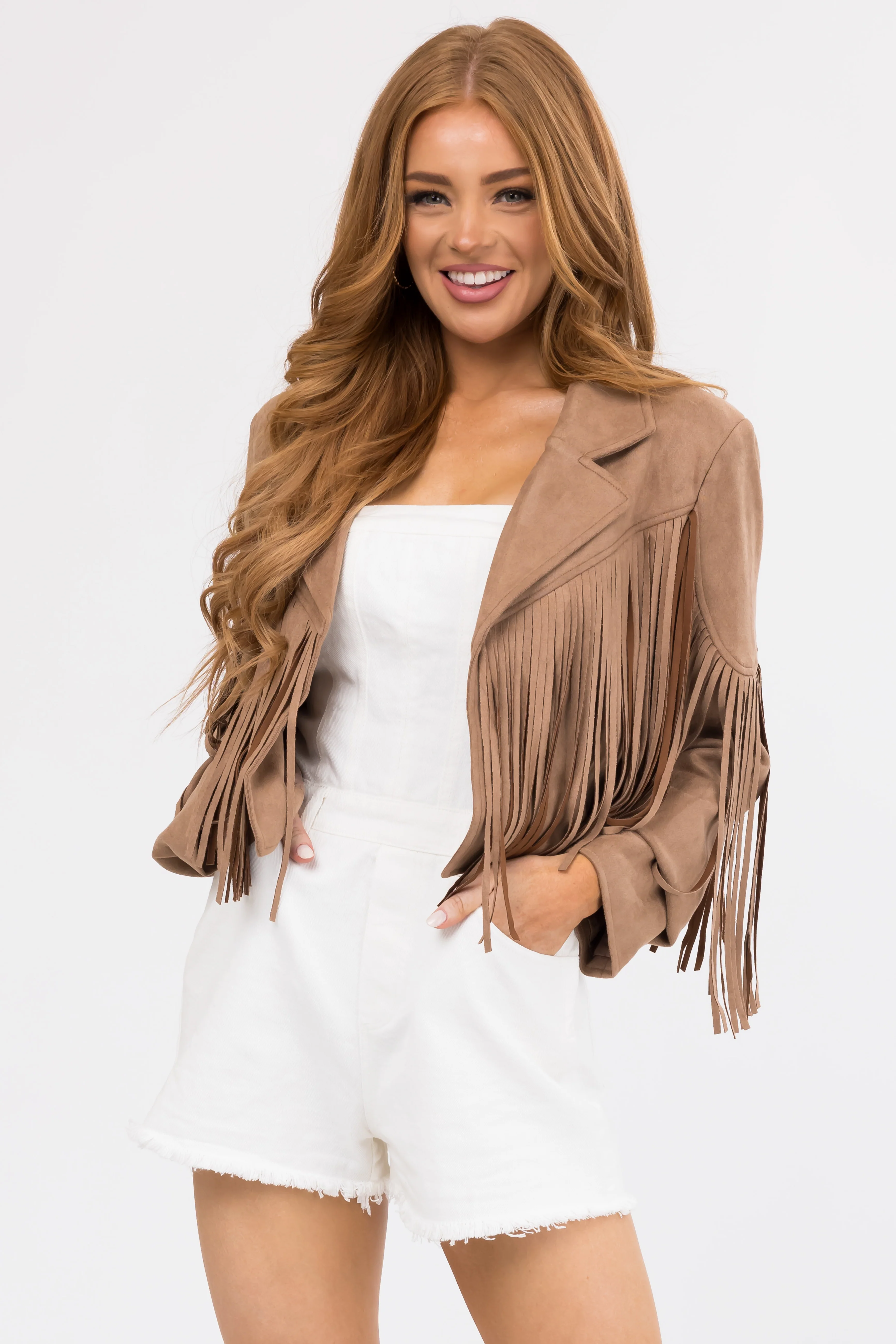 Cognac Faux Suede Fringe Open Front Jacket - LD SALE