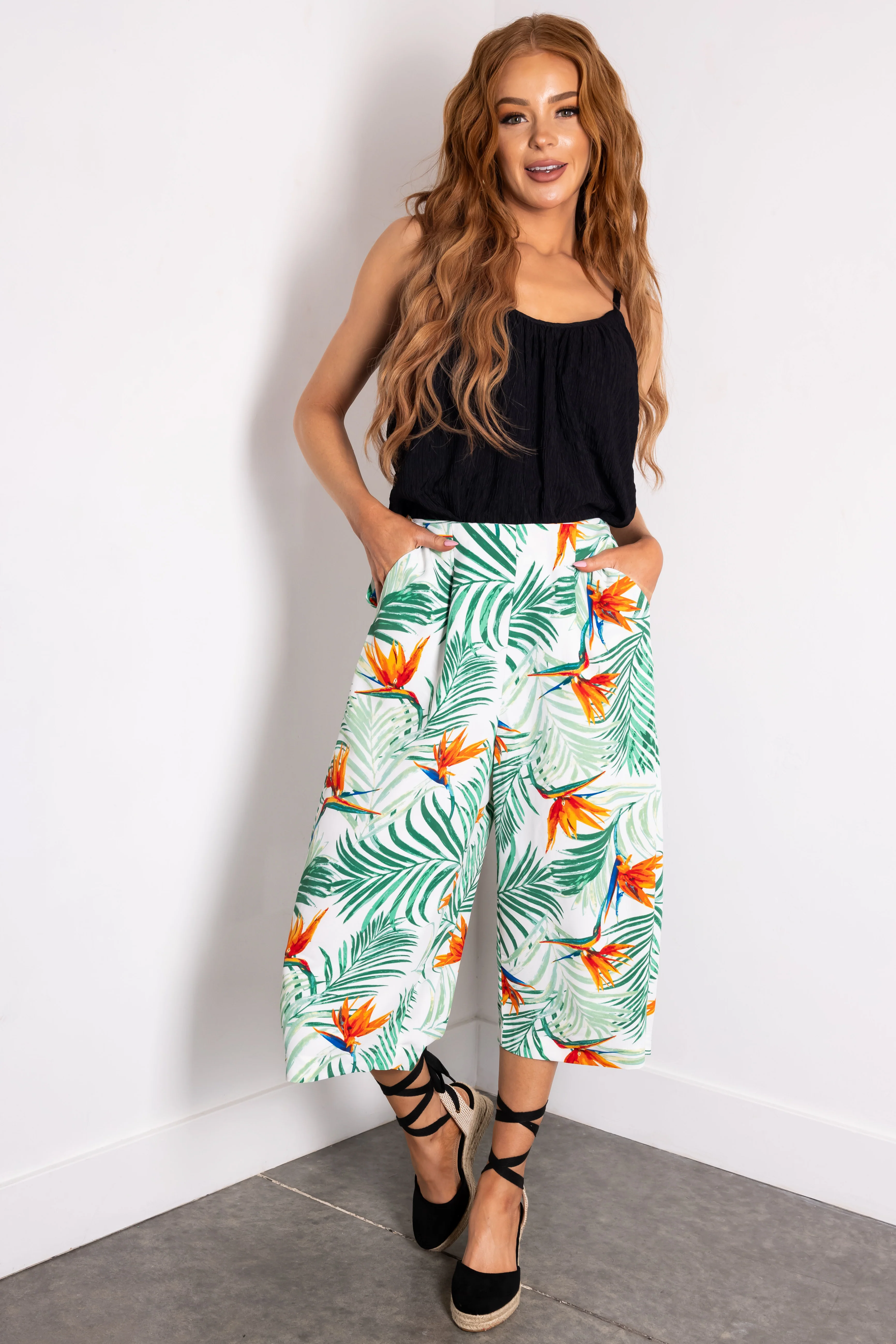 Jade Tropical Print Cropped Wide Leg Pants - LD SALE