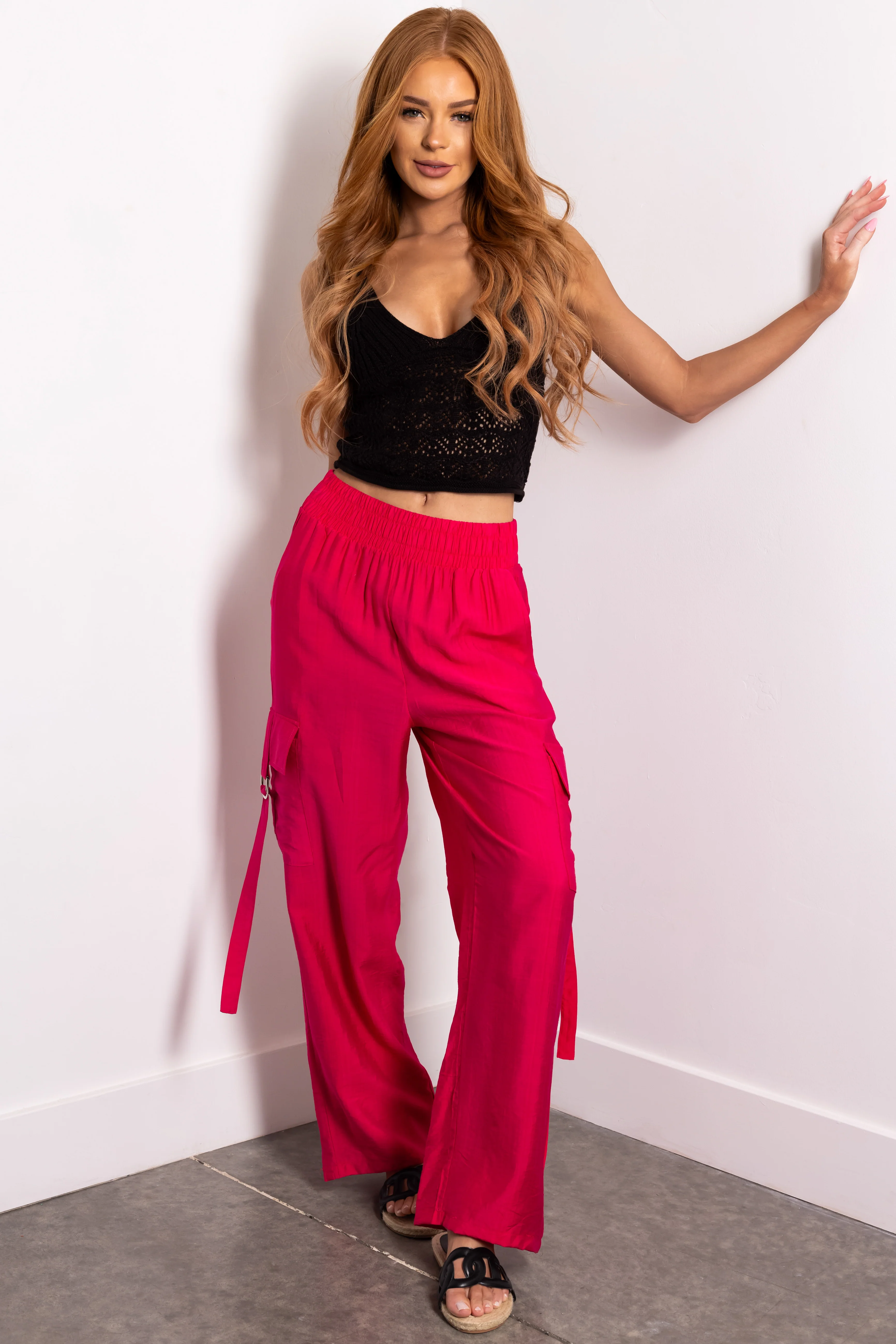 Hot Pink Faux Linen Wide Leg Cargo Pants - LD SALE