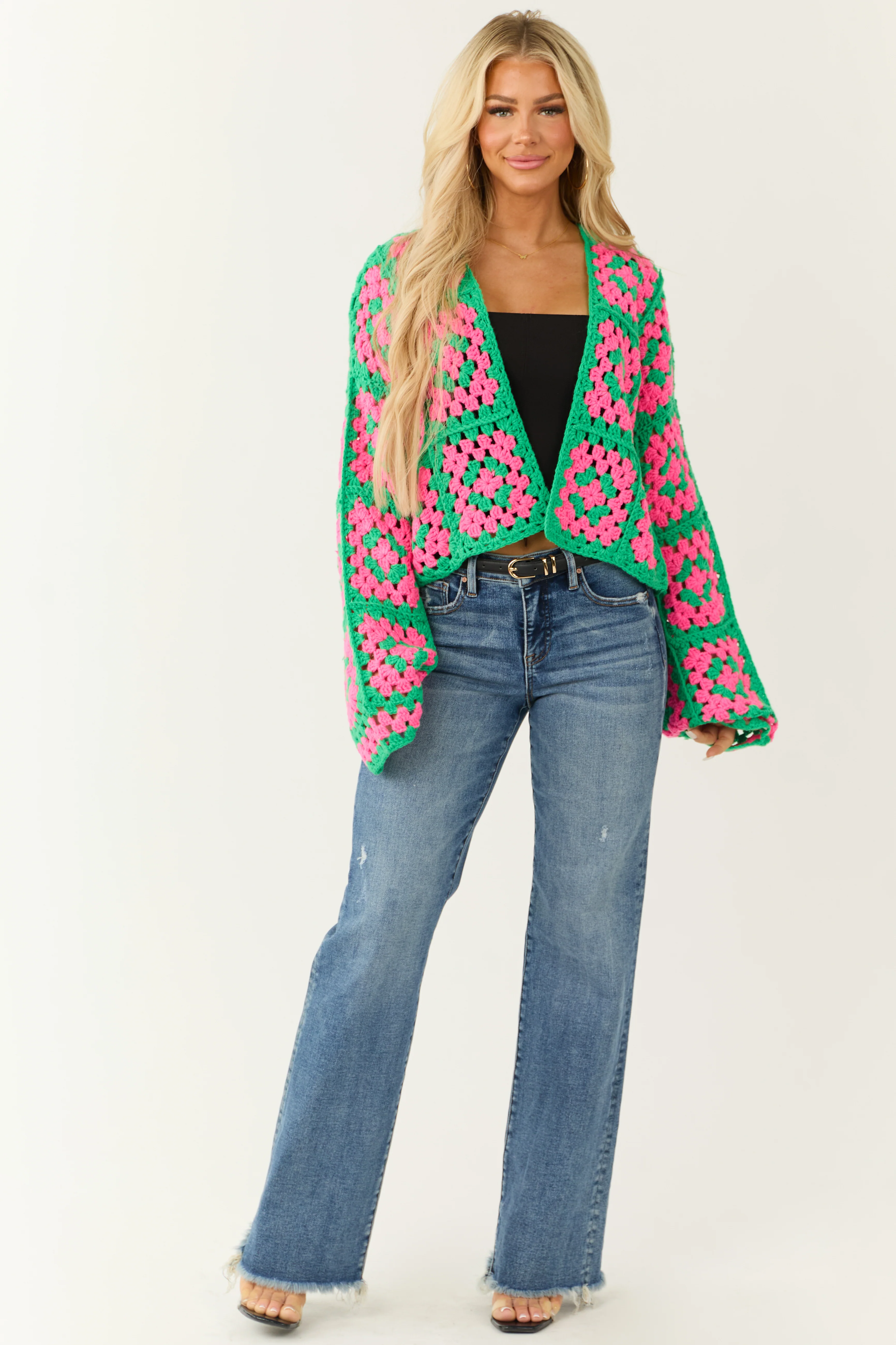 Jade Granny Square Crochet Open Cardigan - LD SALE
