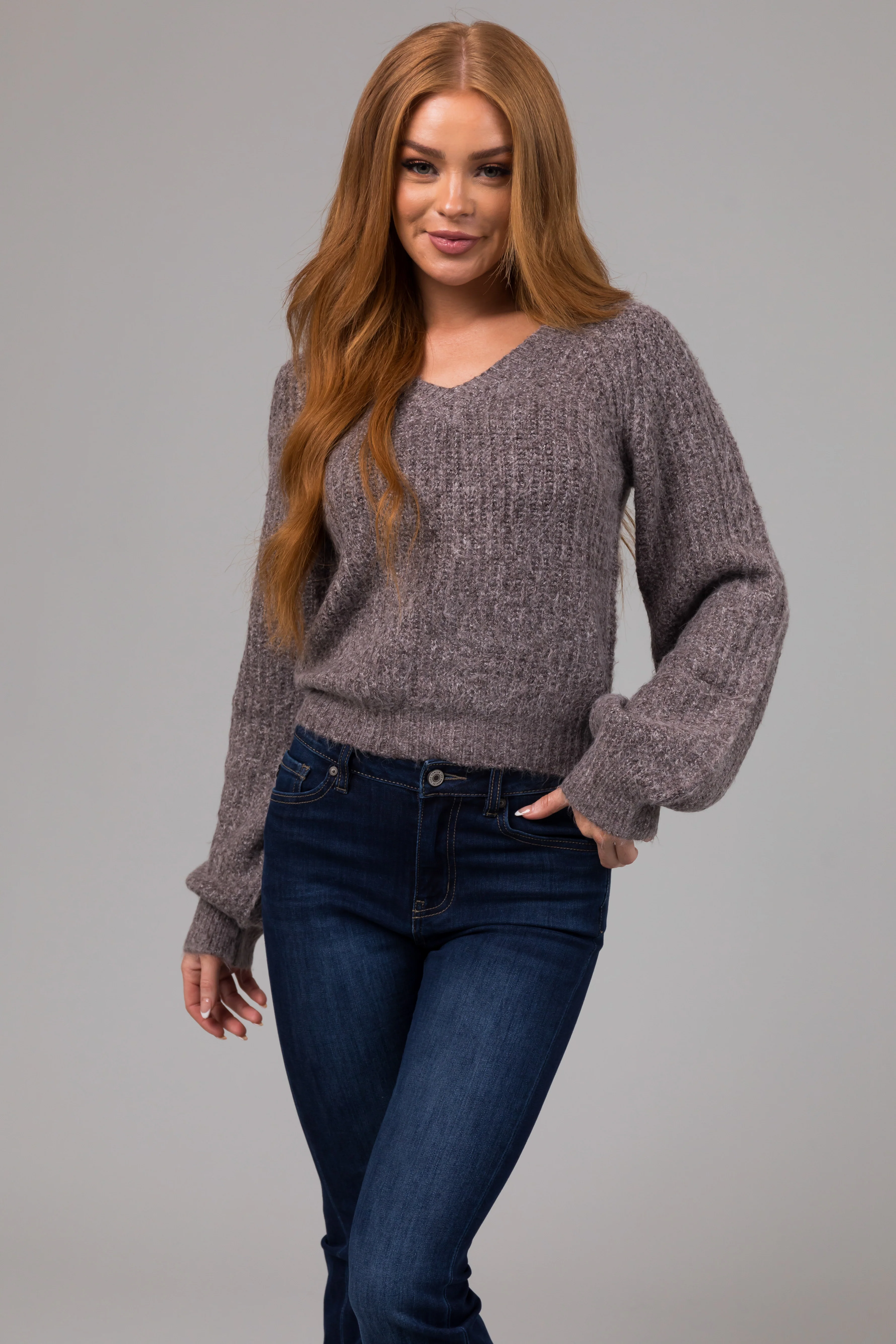 Heathered Graphite V Neck Bubble Sleeve Sweater - LD SALE