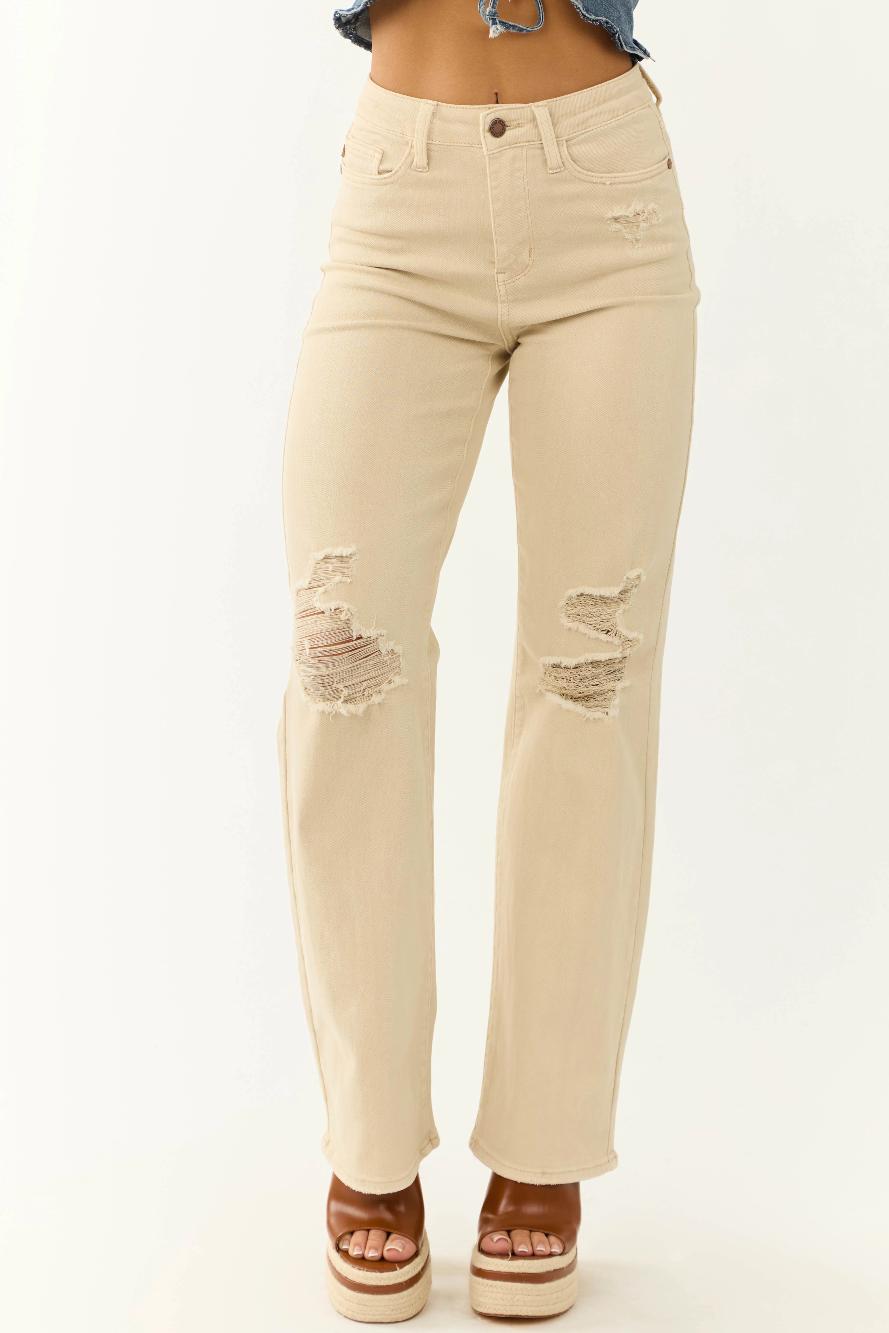 Judy Blue Sand Wide Leg Distressed Knee Jeans - LD SALE