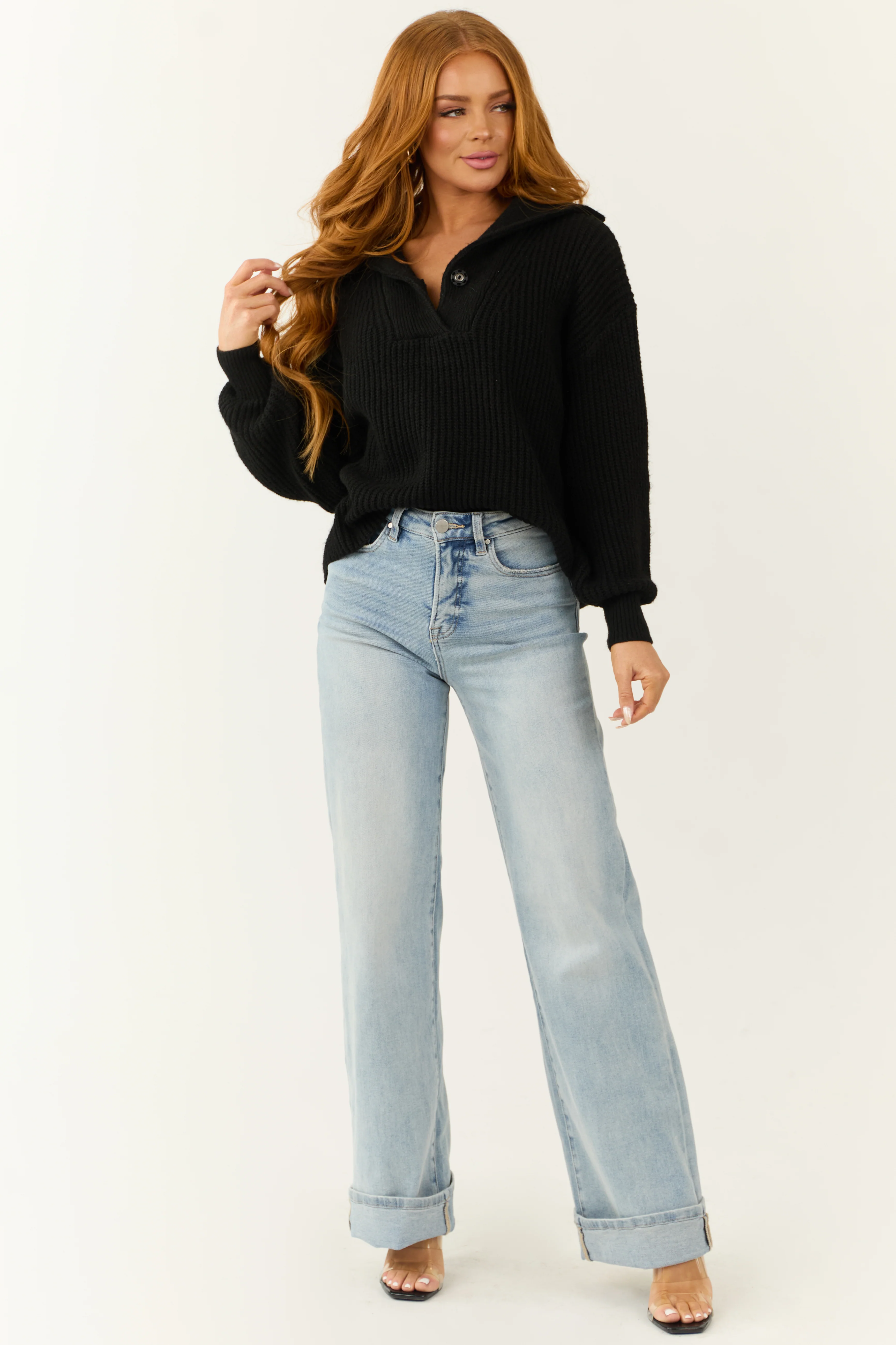 Black Long Bubble Sleeve Ribbed Knit Sweater - LD SALE