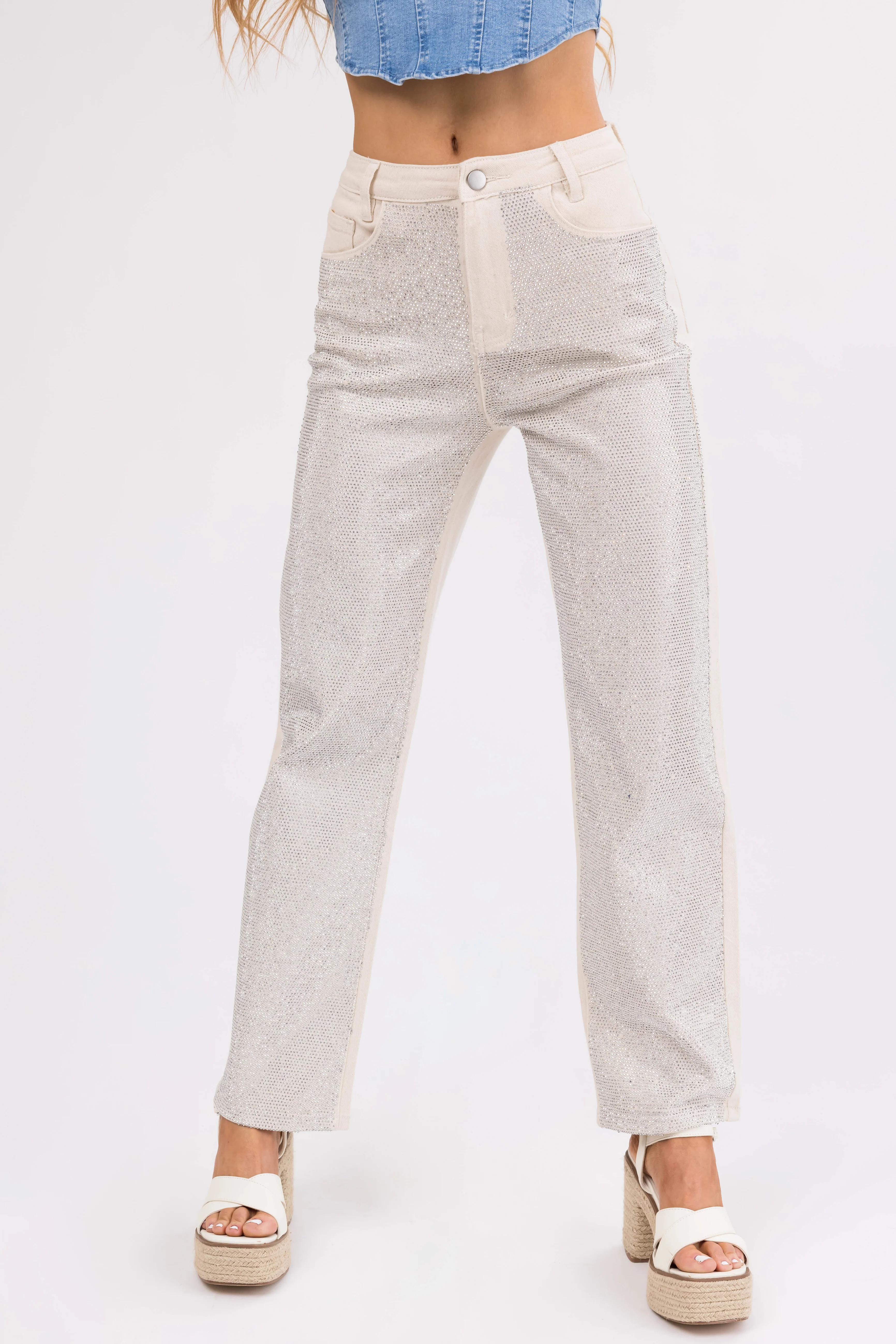 Blue B Cream Rhinestone Front Straight Leg Jeans - LD SALE