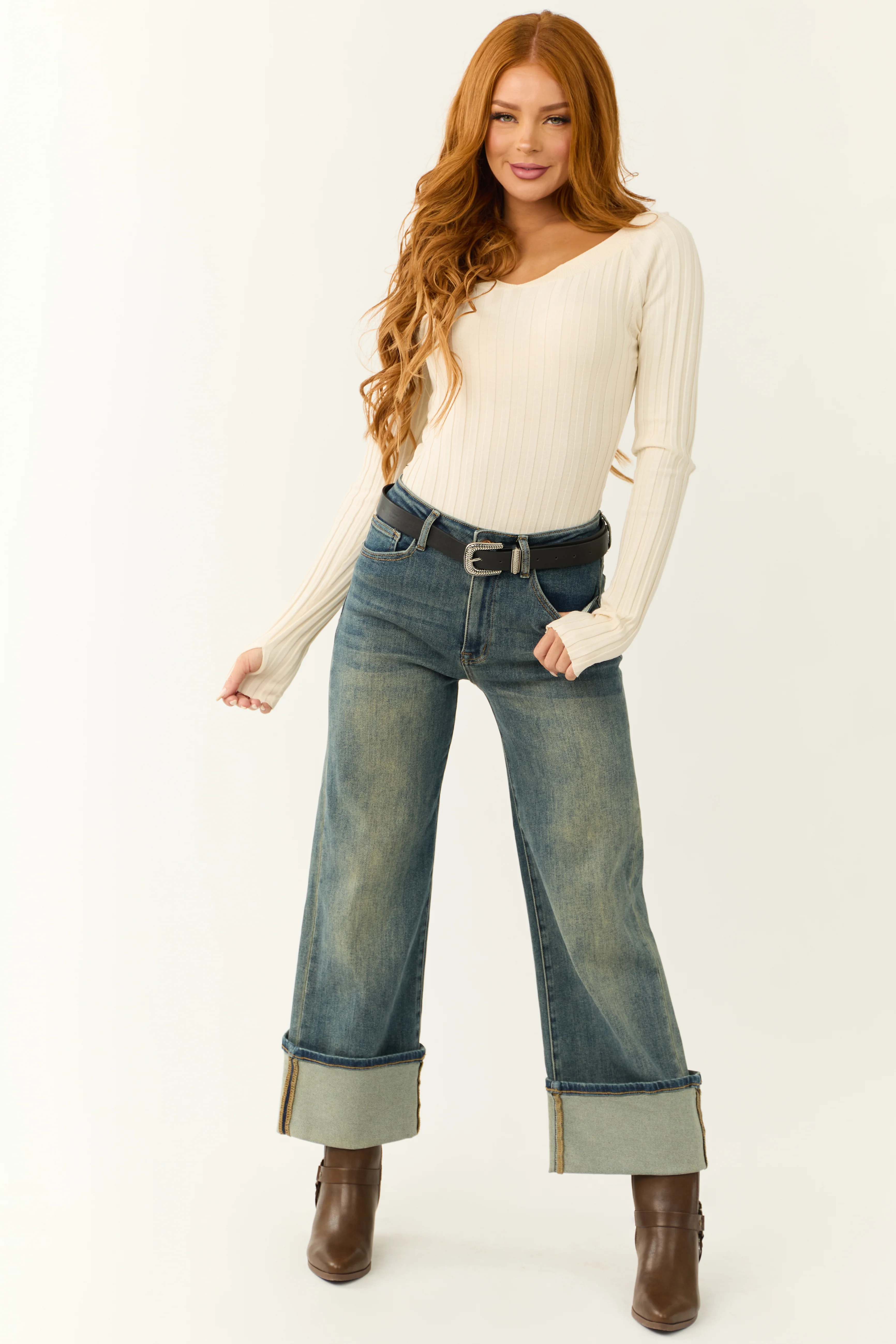 Special A Faded Medium Wash Cuffed Wide Leg Jeans - LD SALE