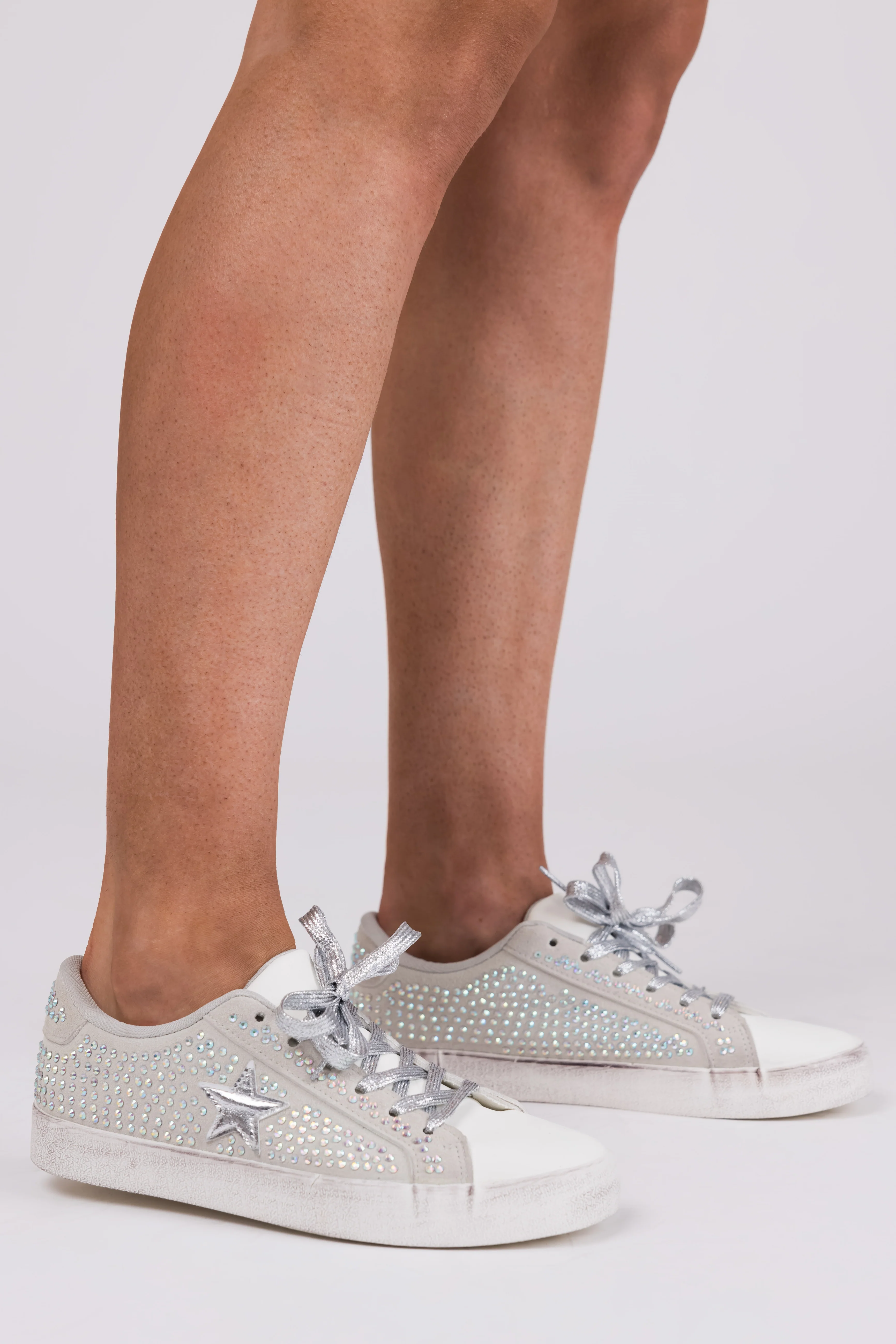 Grey Distressed Sole Rhinestone Sneakers - LD SALE