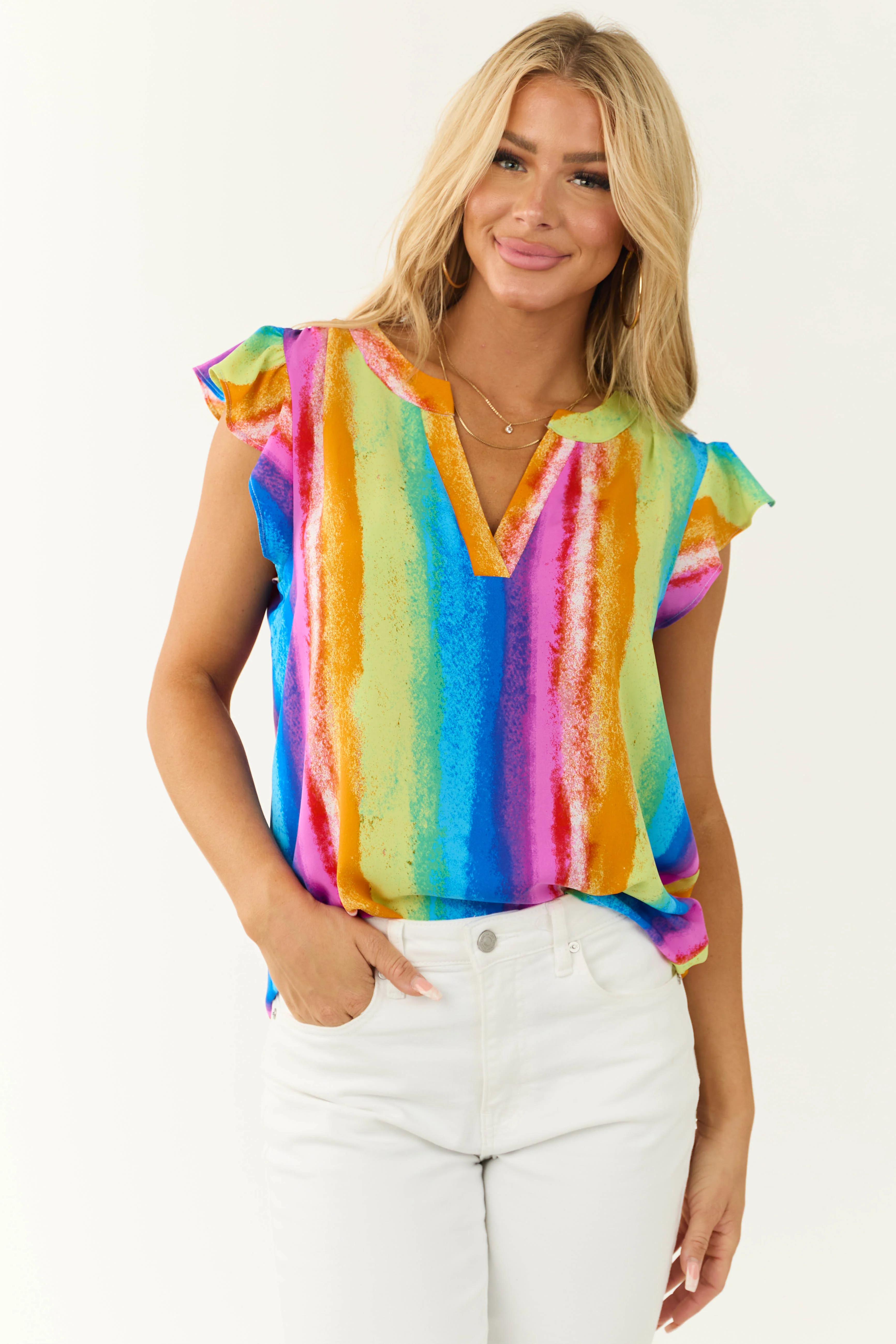 Rainbow Striped Notch Neck Ruffle Sleeve Top - LD SALE