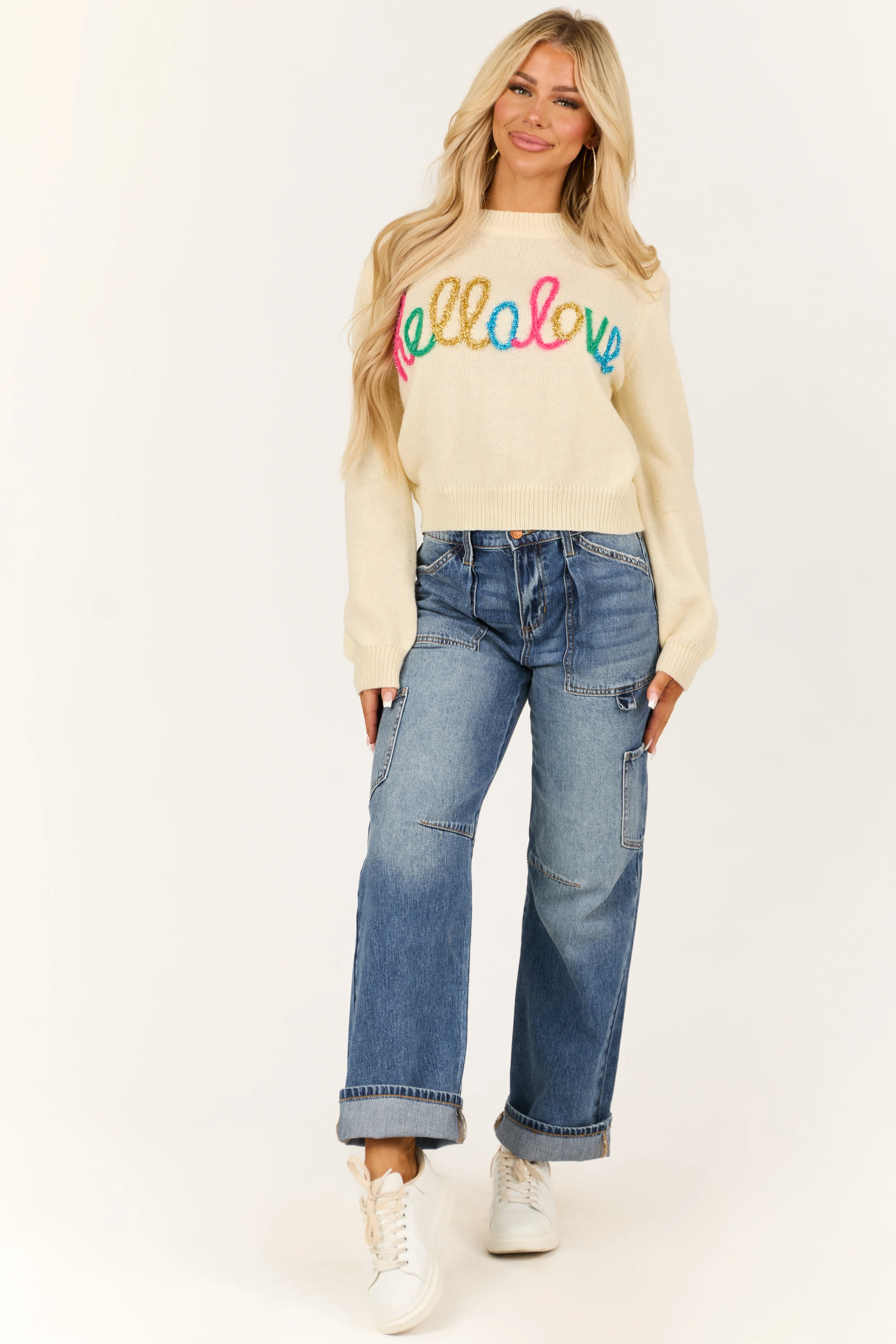 Cream 'Hello Love' Long Sleeve Knit Sweater - LD SALE