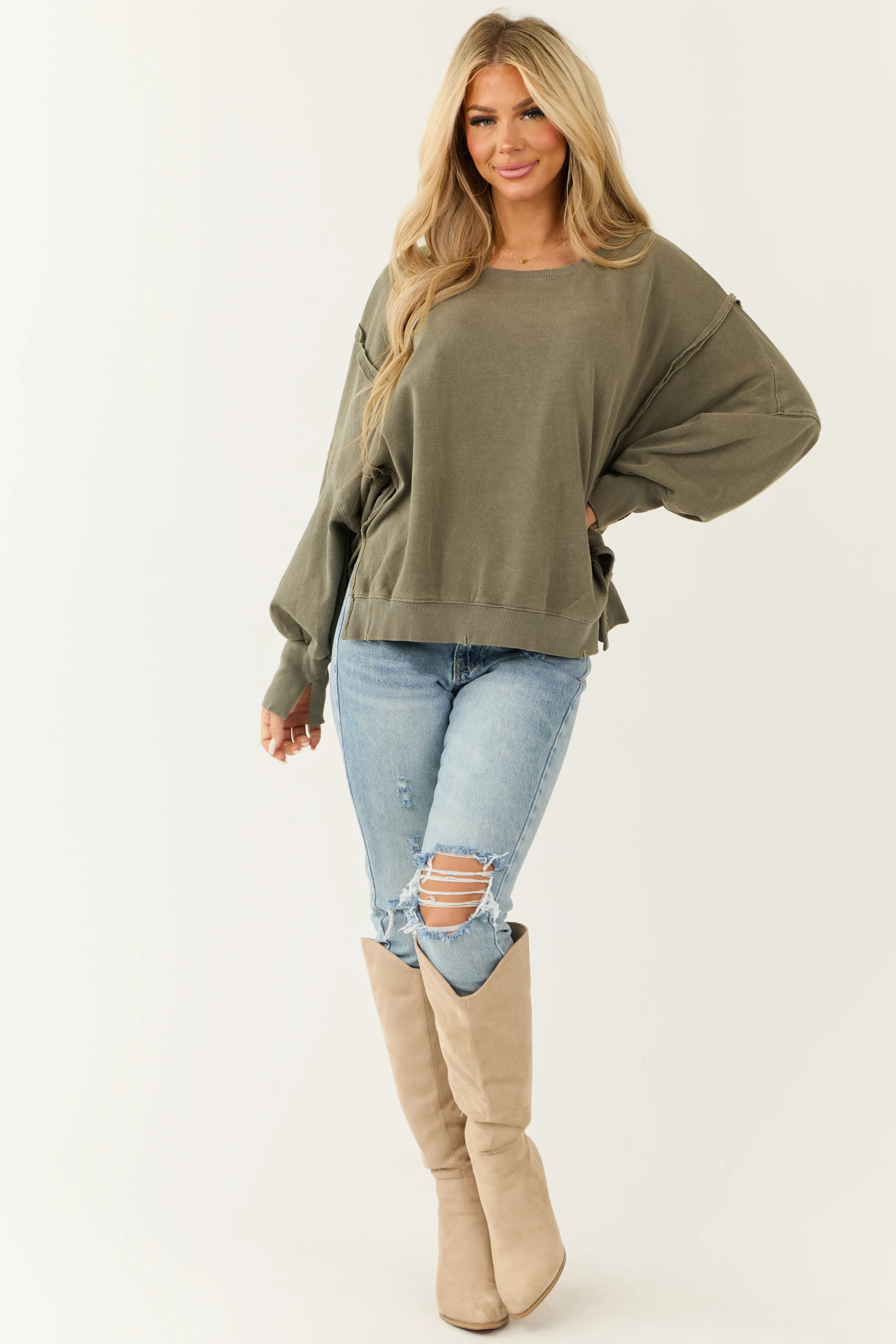 Army Green Oversized Boatneck Knit Top - LD SALE