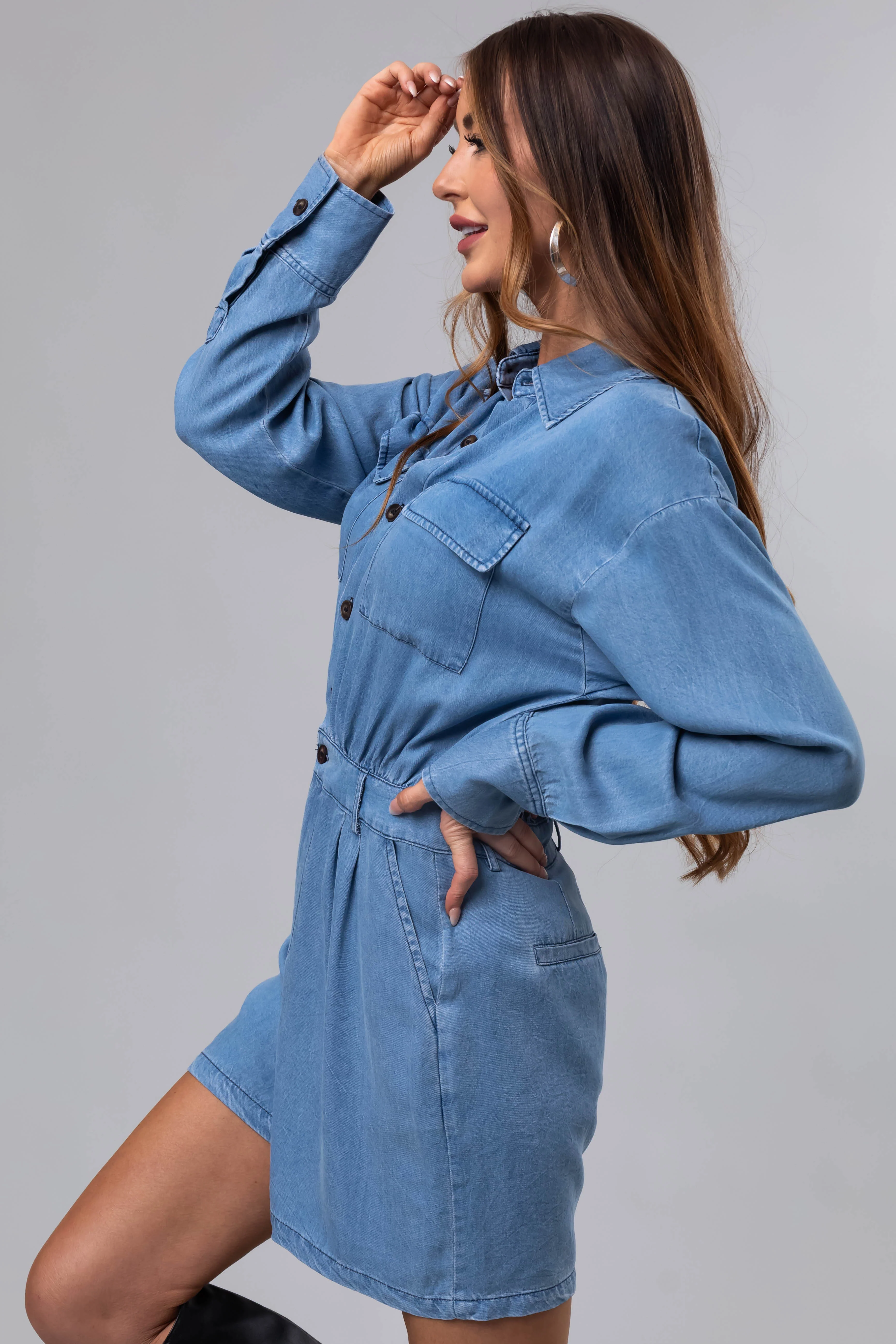Medium Denim Long Sleeve Button Up Romper - LD SALE