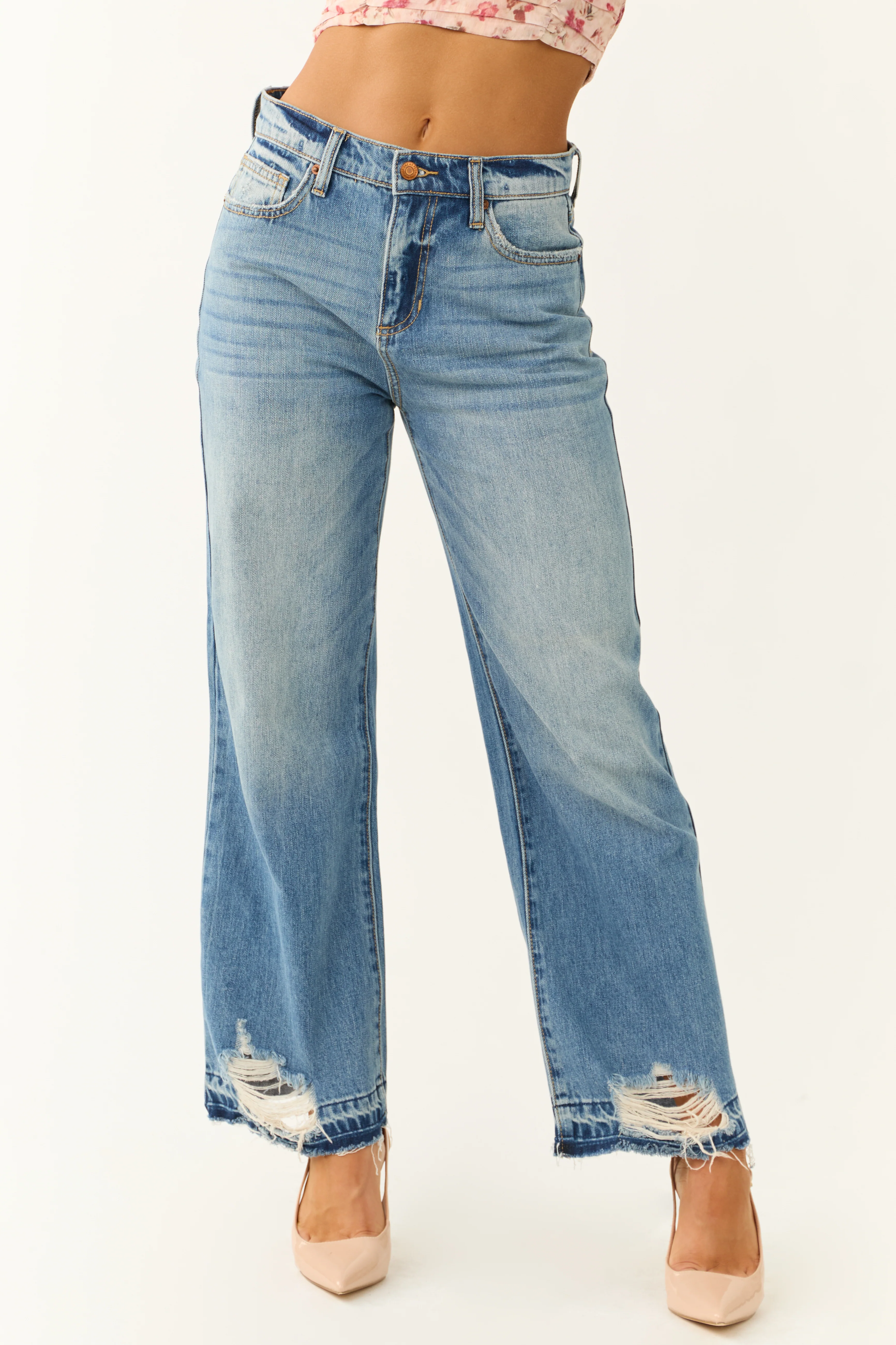 Sneak Peek Medium Wash Distressed Hem Jeans - LD SALE