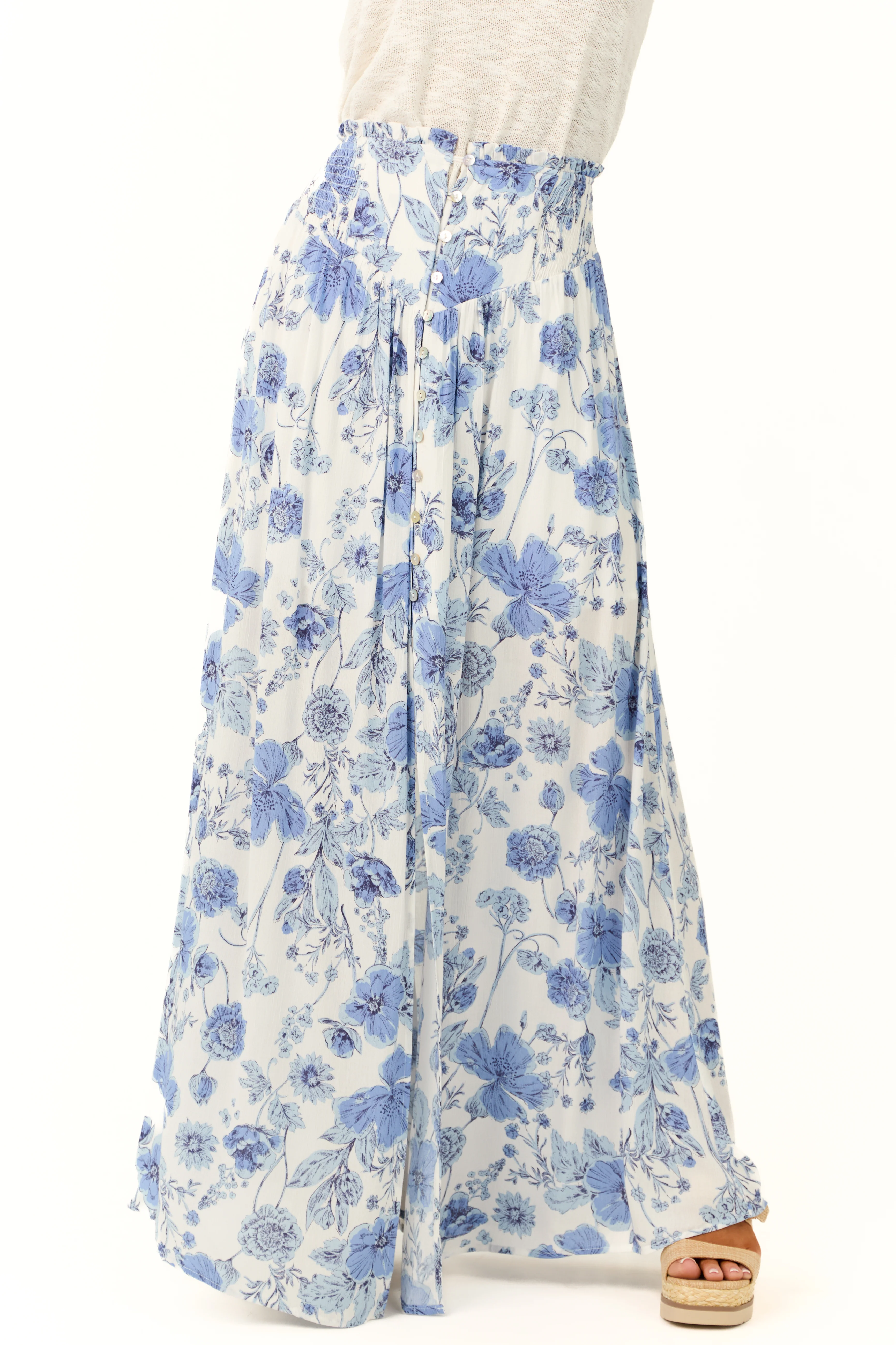 Ivory Floral Print Smocked Waist Maxi Skirt - LD SALE