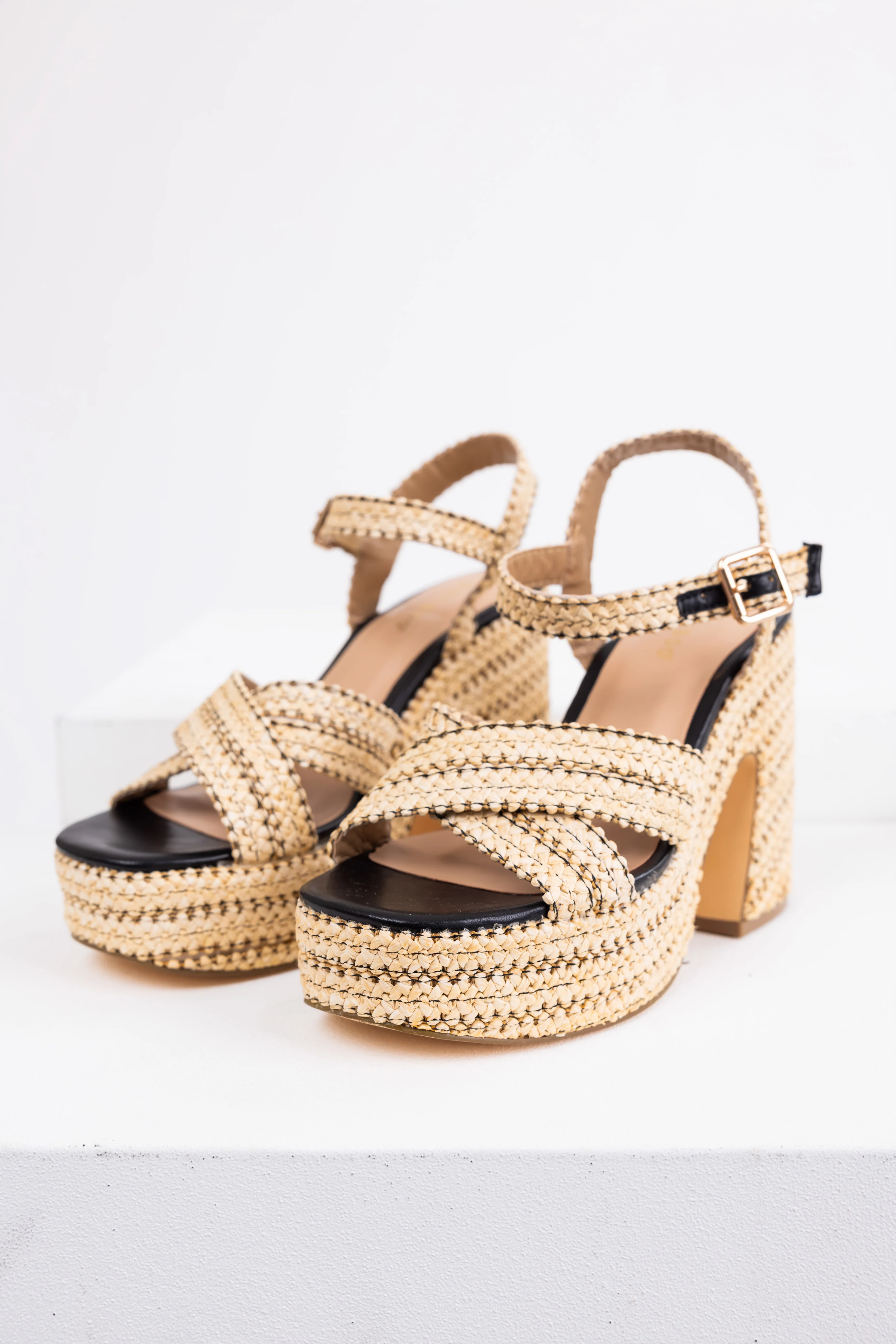 Black Natural Raffia Cross Strap Platform Heels - LD SALE