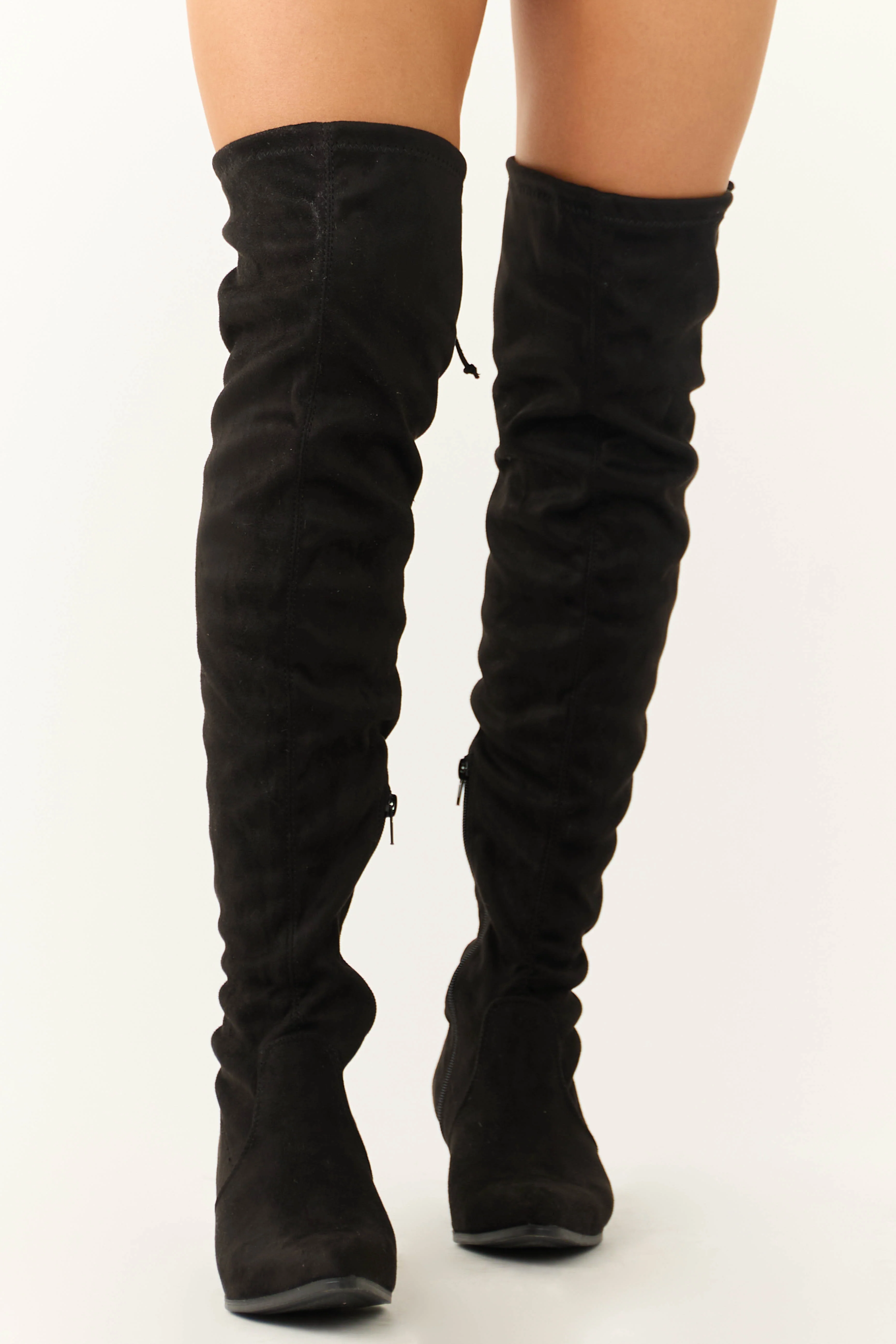 Black Faux Suede Drawstring Thigh High Boots - LD SALE