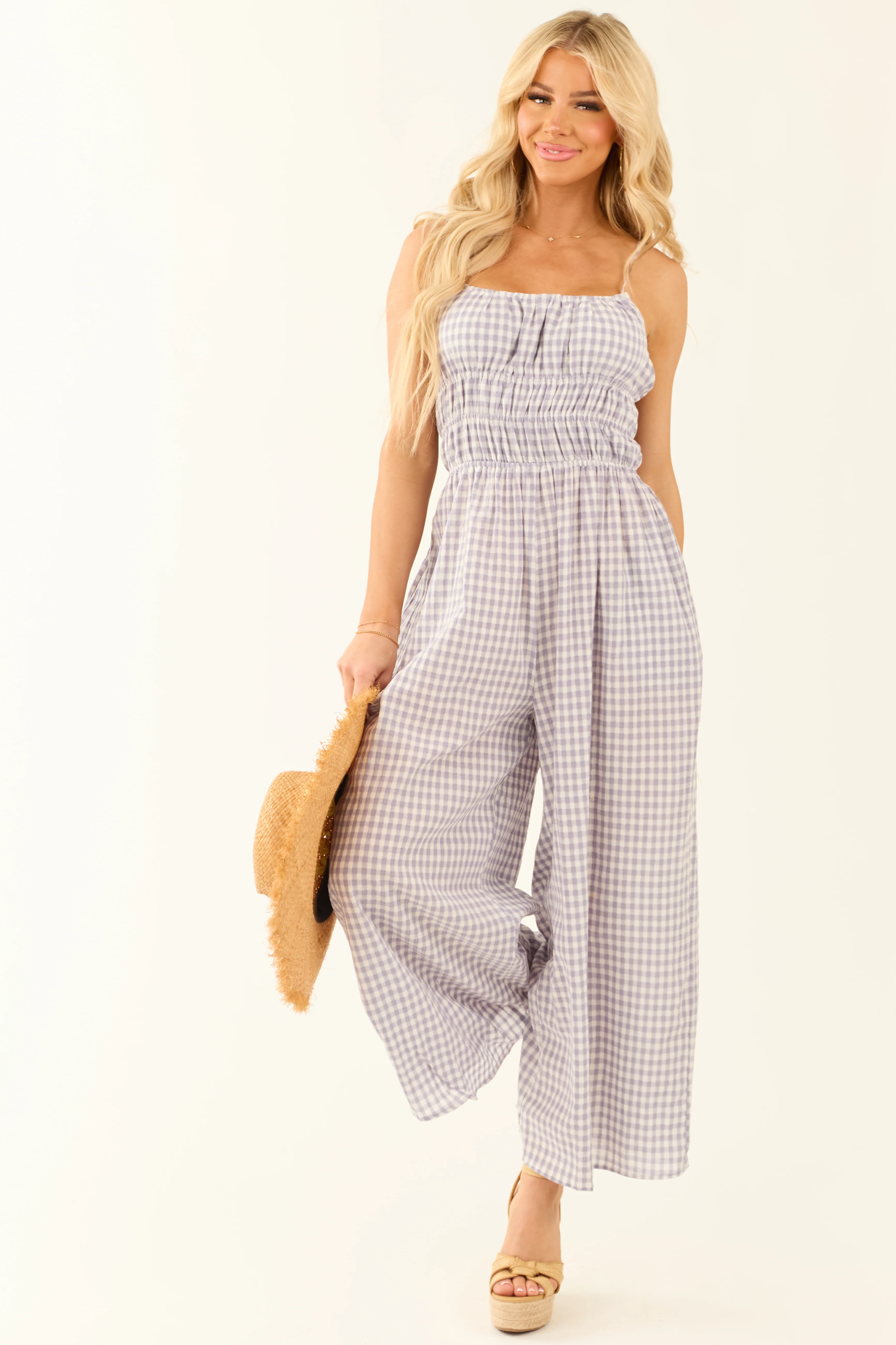 Slate Blue Gingham Ribbon Tie Sleeveless Jumpsuit - LD SALE