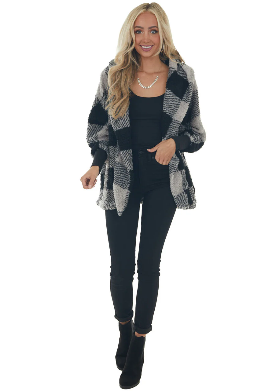 Heather Grey Plaid Hooded Open Front Cardigan - LD SALE