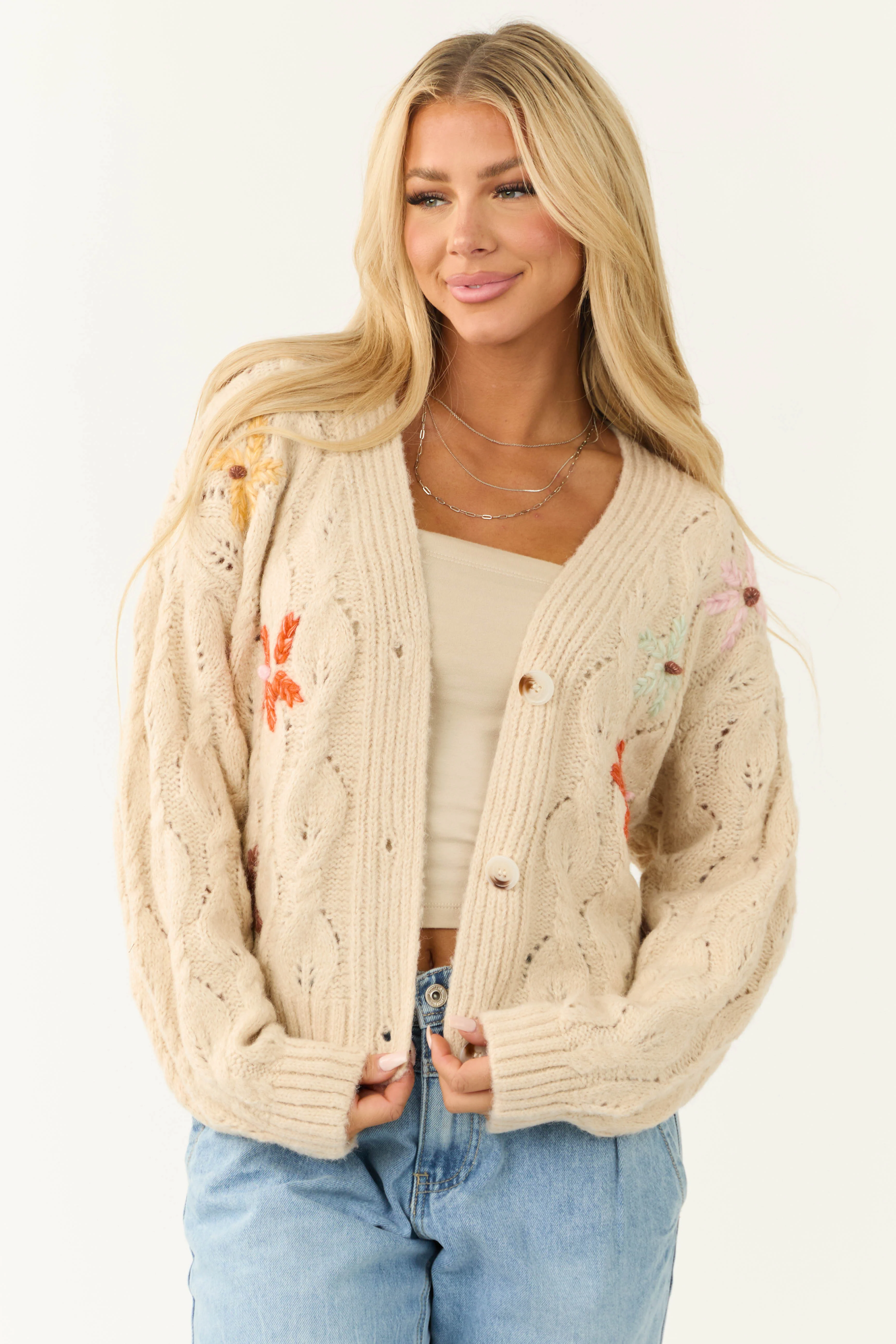 Sand Button Down Floral Embroidered Cardigan - LD SALE