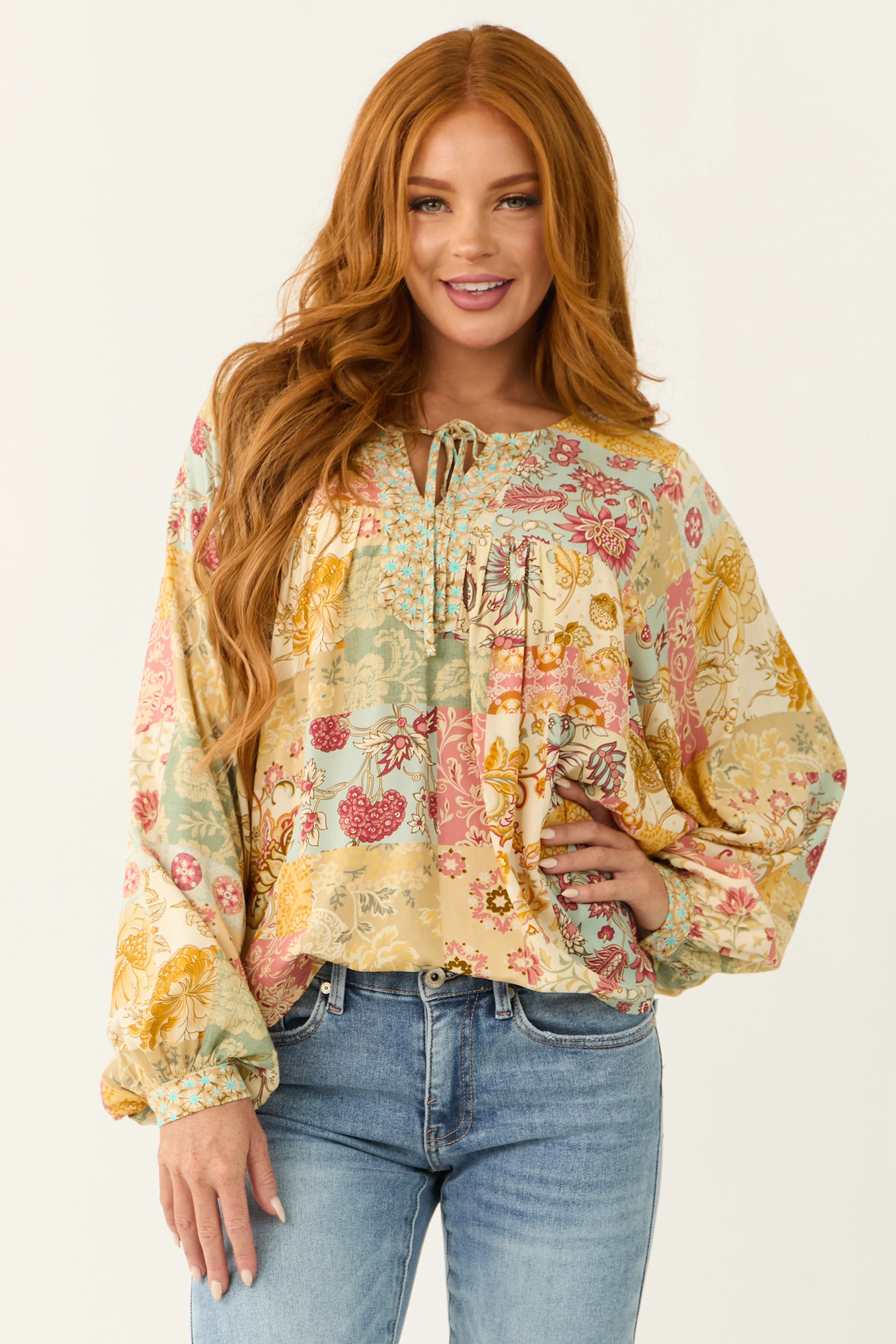 Cream Floral Patchwork Print Long Sleeve Top - LD SALE