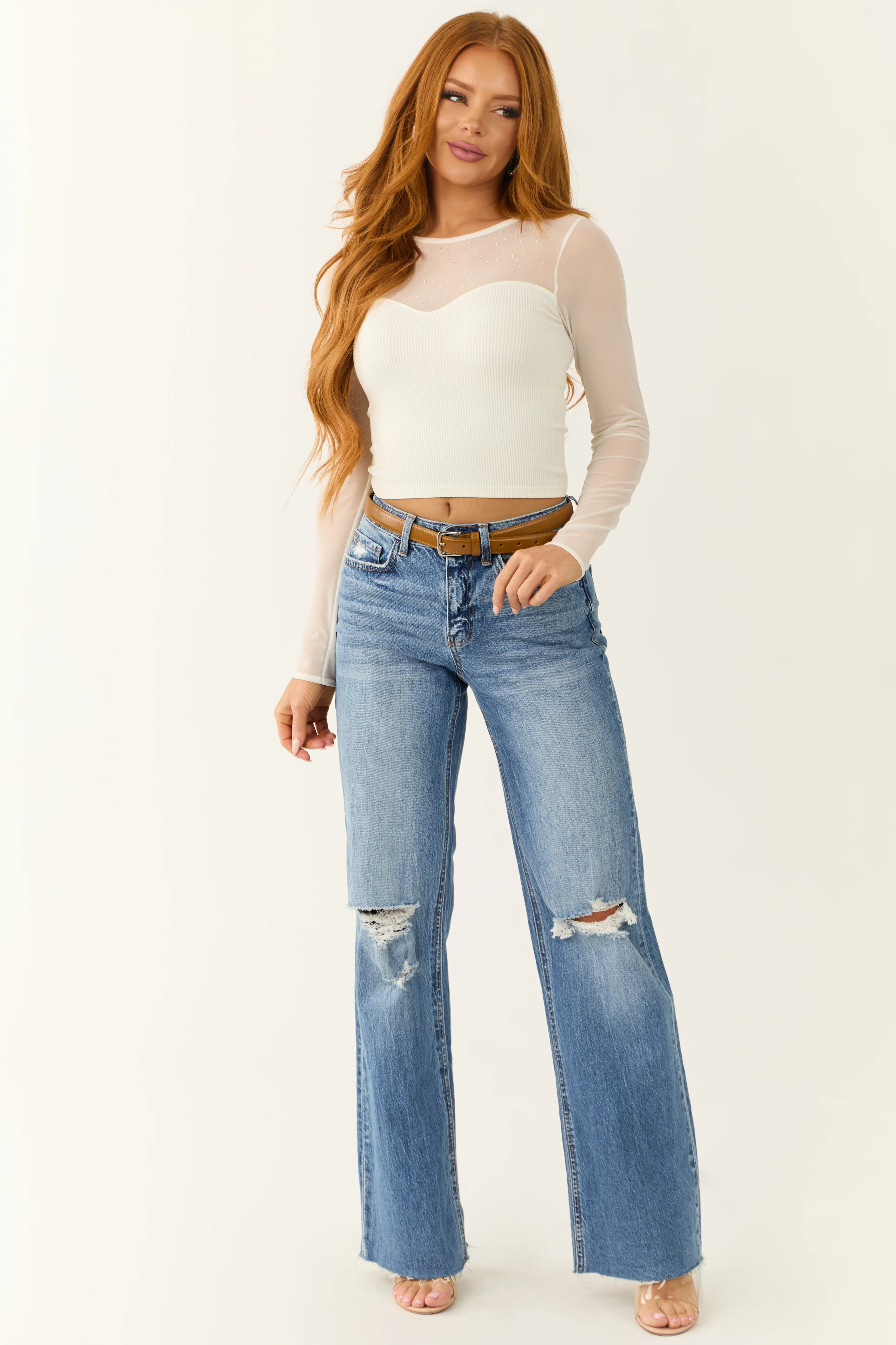 Ivory Rhinestone Accent Mesh Long Sleeve Top - LD SALE