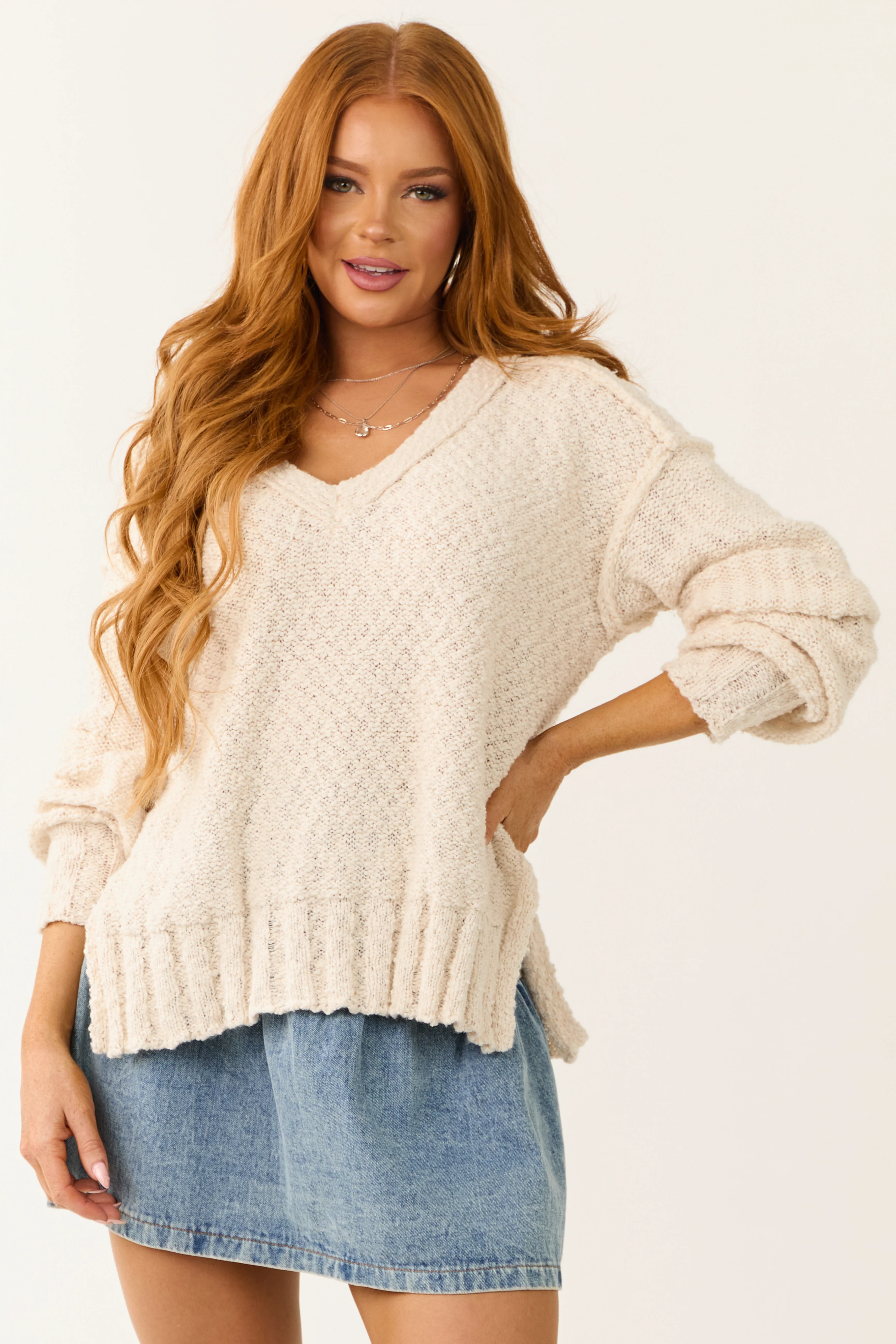 Cream Long Balloon Sleeve Knit Sweater - LD SALE