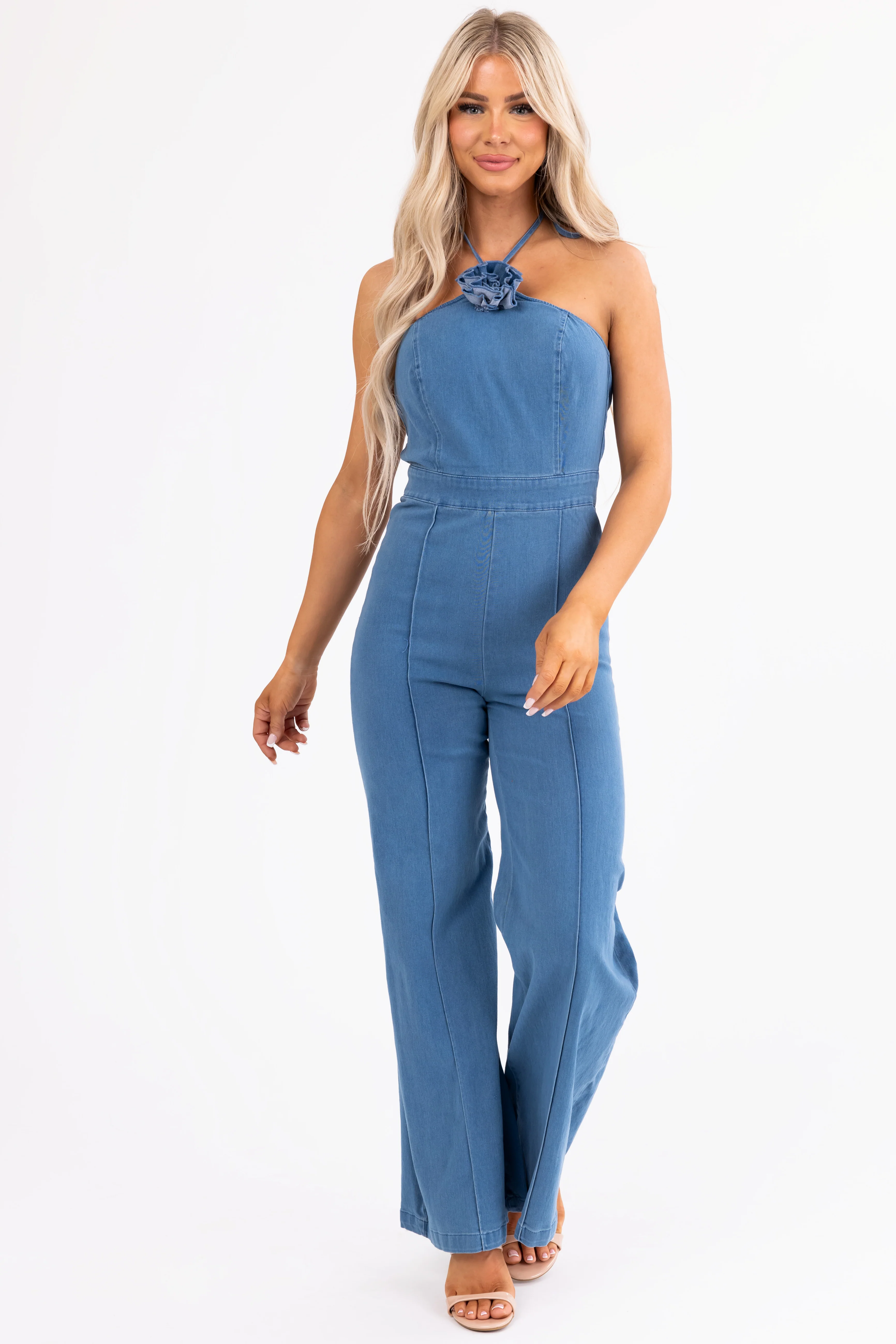 Flying Tomato Medium Wash Halter Neck Jumpsuit - LD SALE