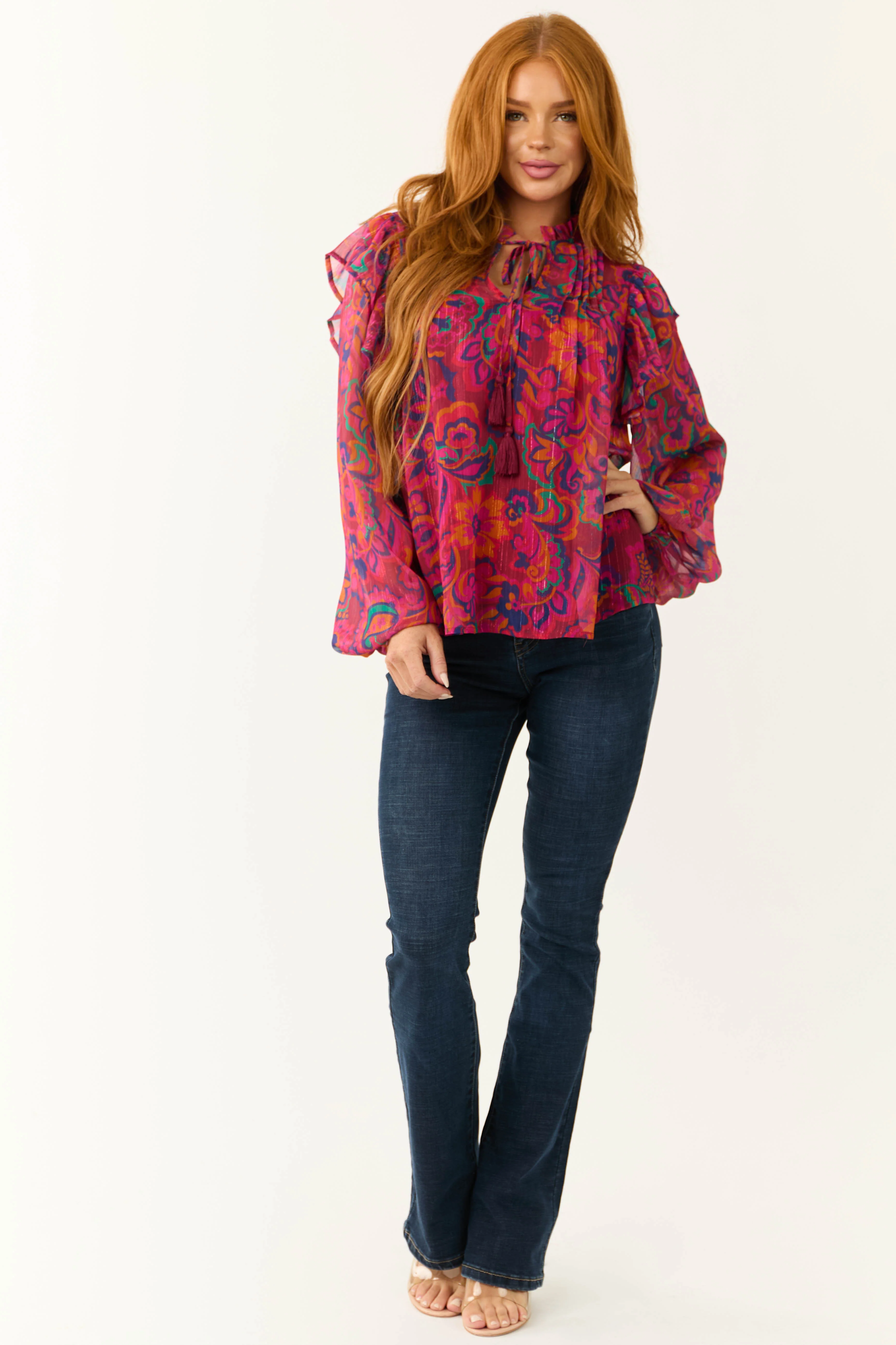 Flying Tomato Magenta Floral Print Ruffle Blouse - LD SALE