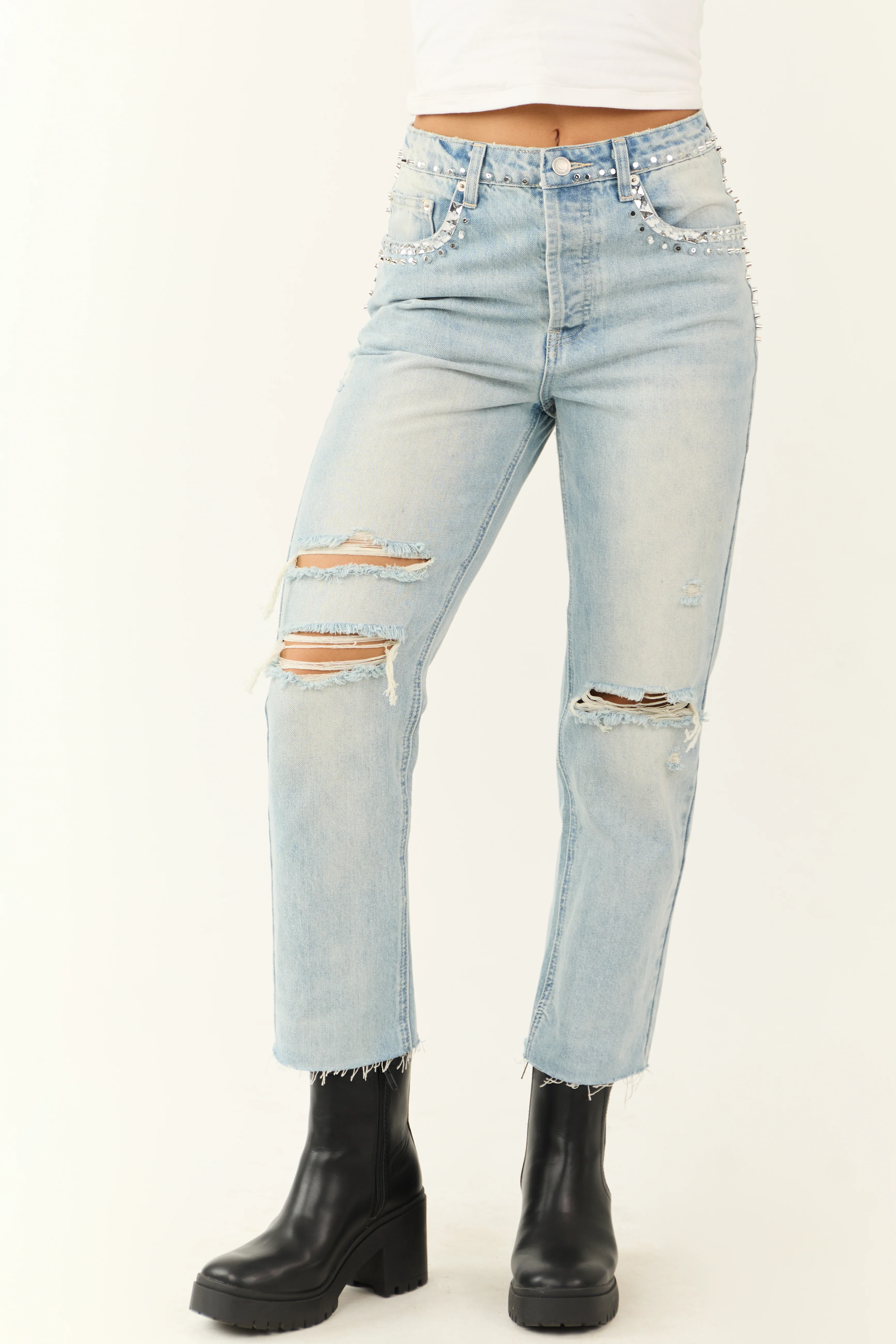 Light Wash Rhinestone Studded Straight Jeans - LD SALE