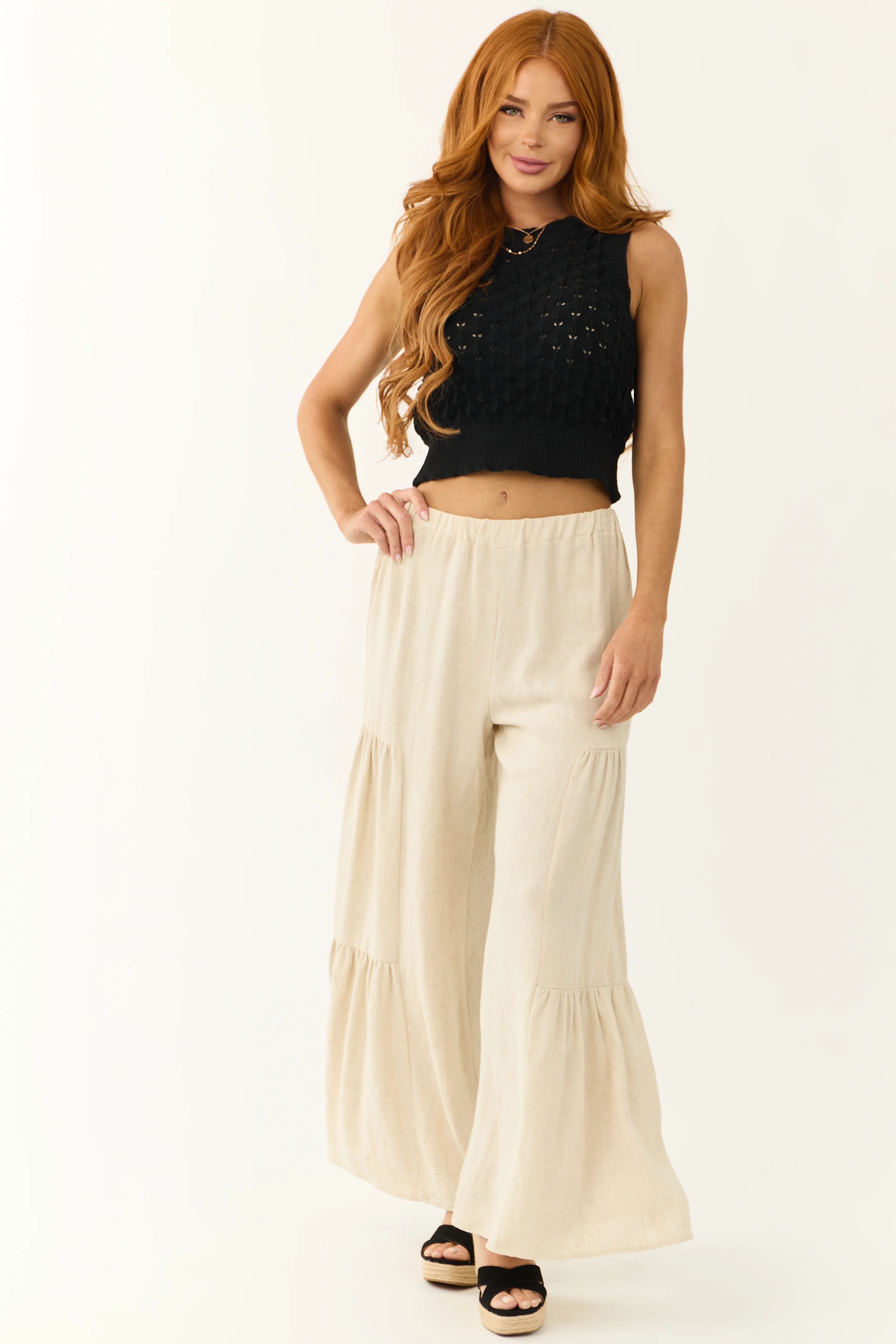 Coconut Wide Leg Side Ruffle Detail Linen Pants - LD SALE