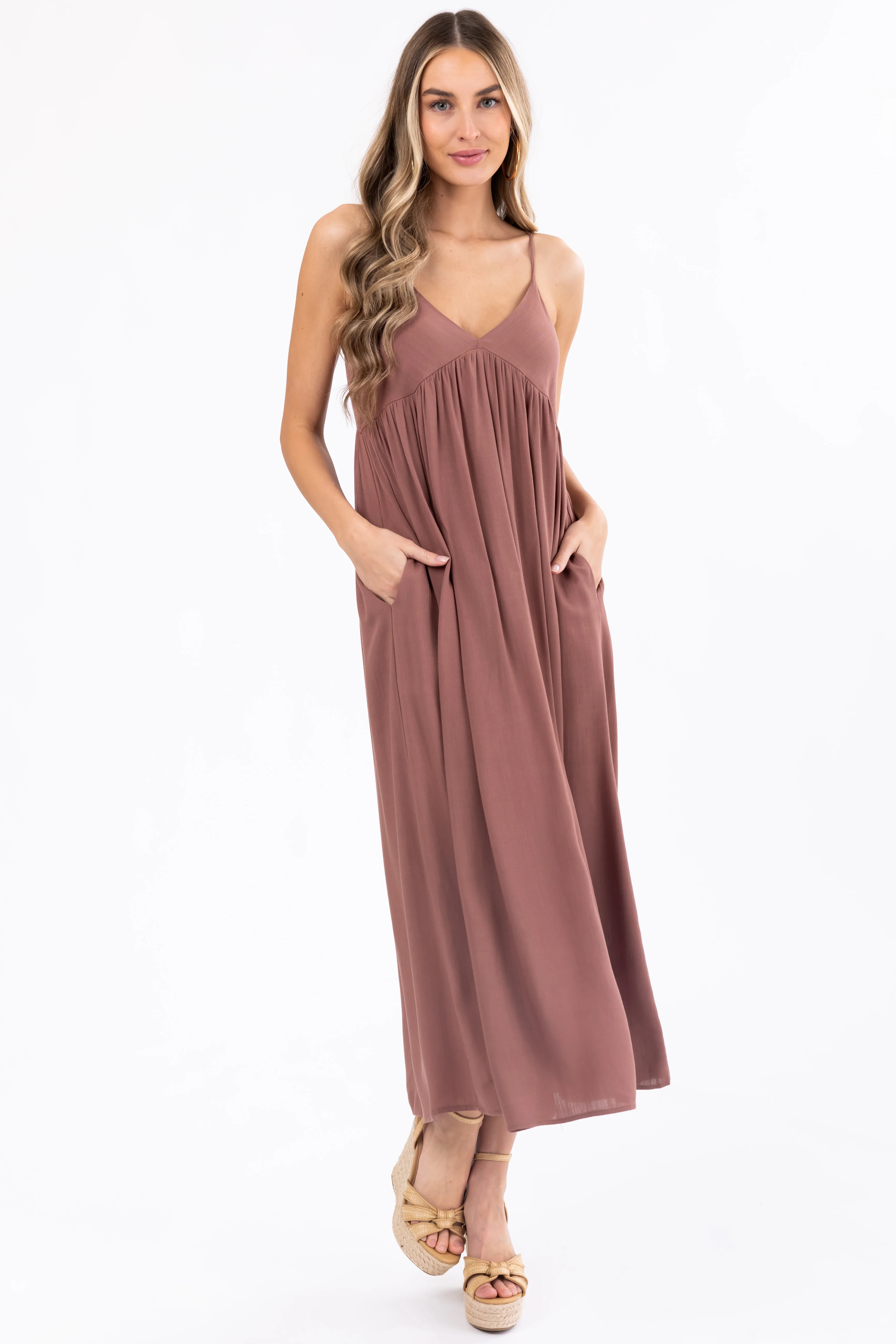 Mocha Woven Strapless Flowy Midi Dress - LD SALE
