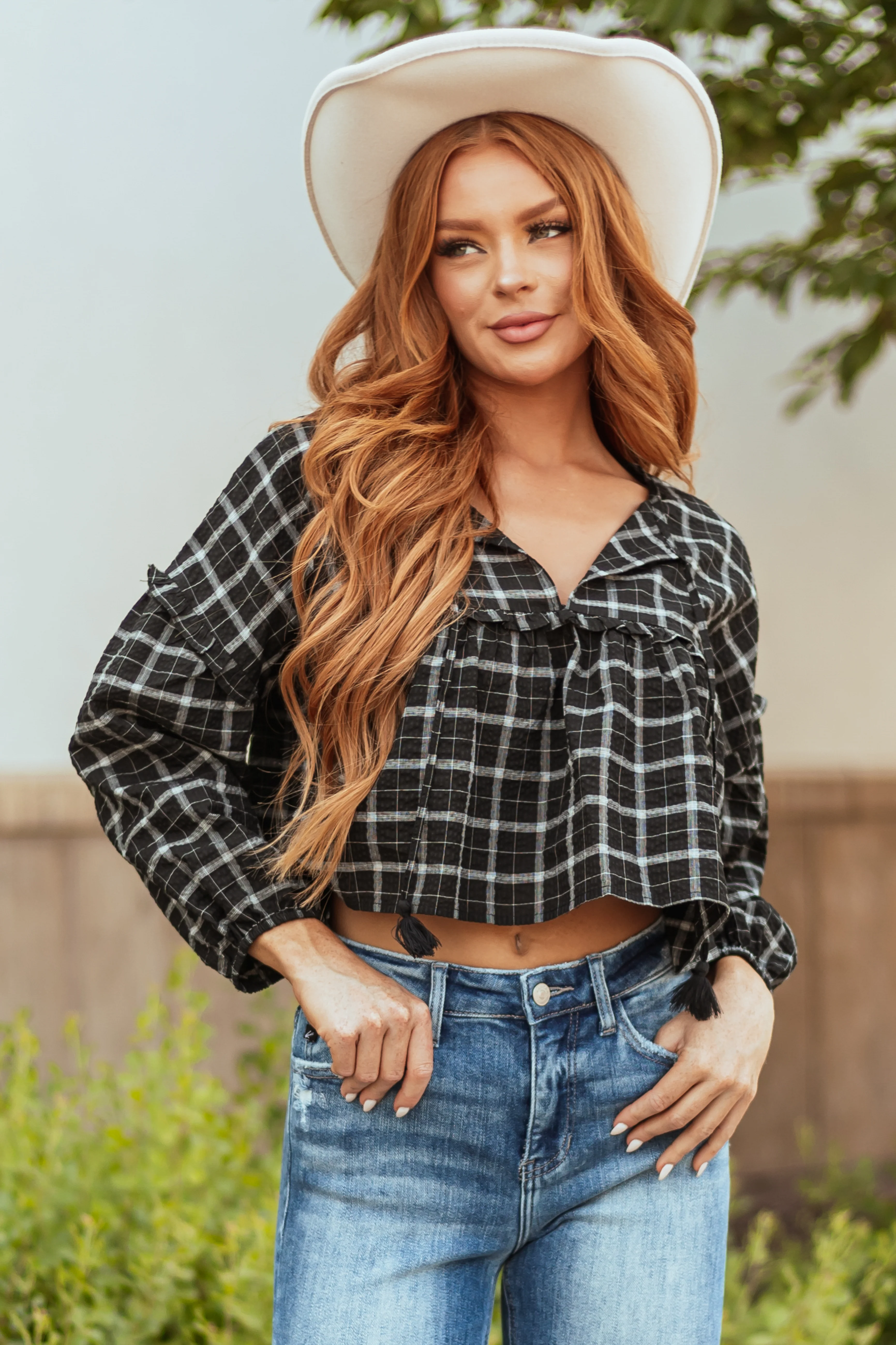 Black and Off White Plaid Long Sleeve Top - LD SALE