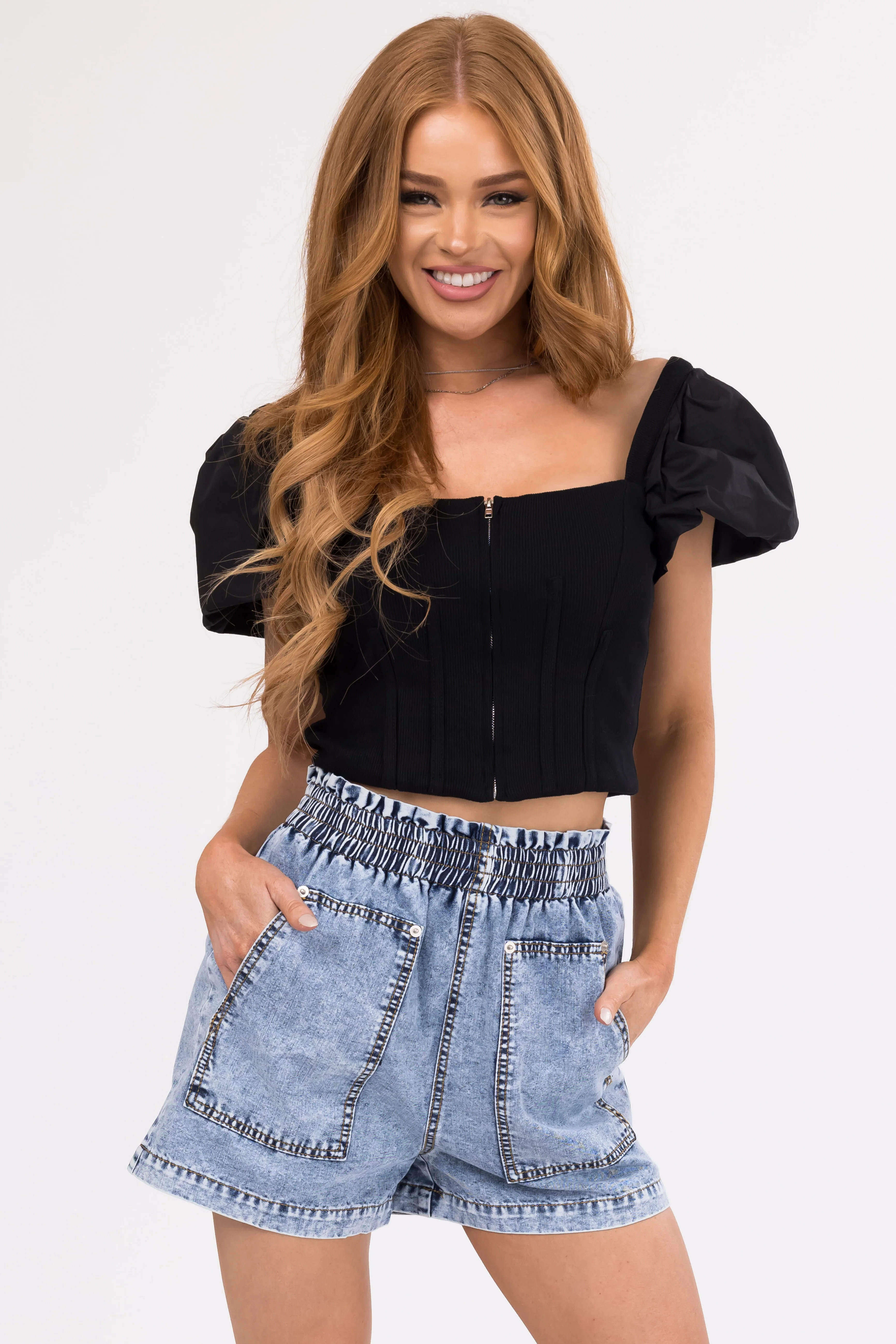 Black Short Puff Sleeve Zip Up Crop Top - LD SALE