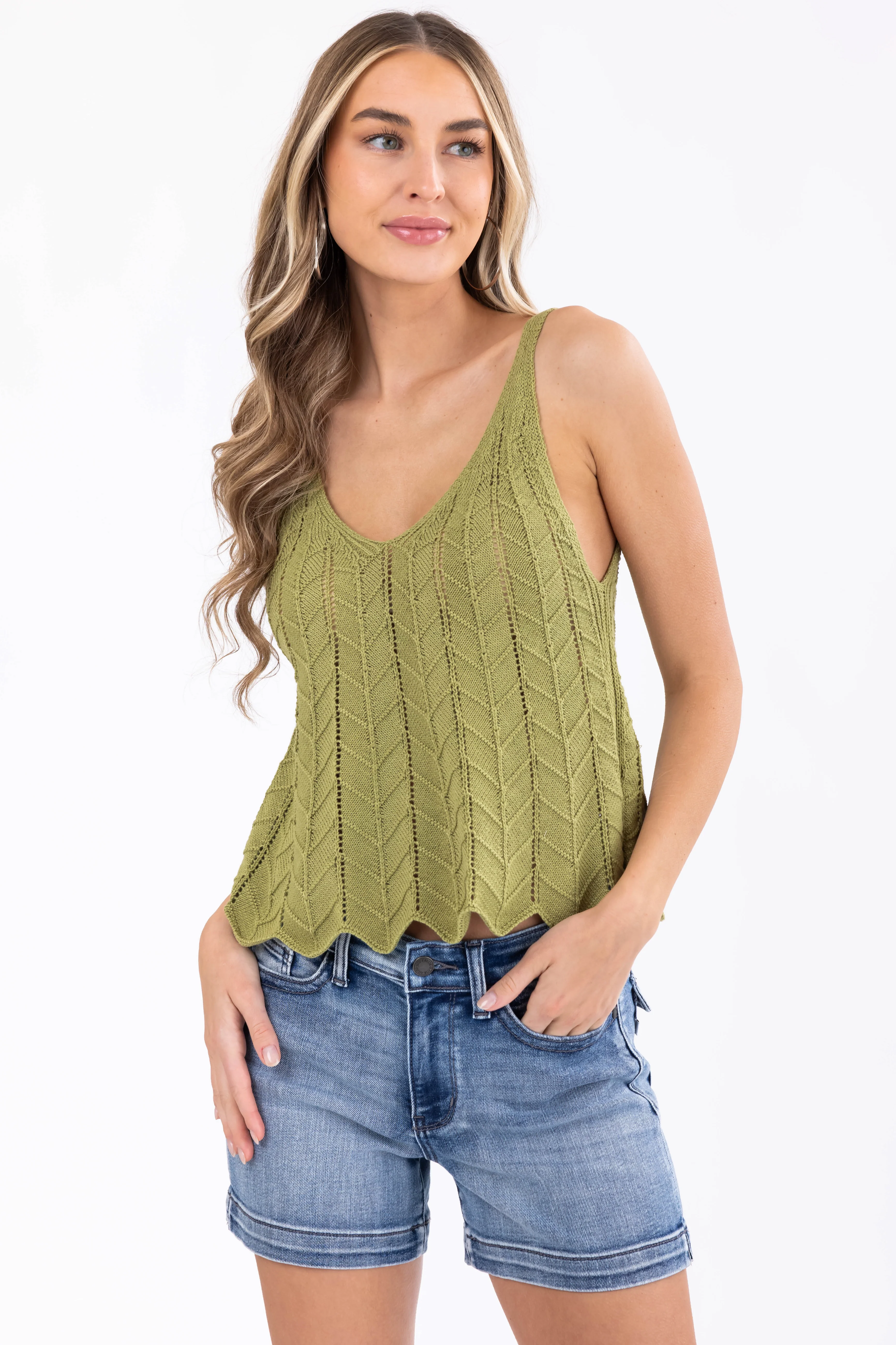 Olive Scallop Hem Textured Knit Sleeveless Top - LD SALE