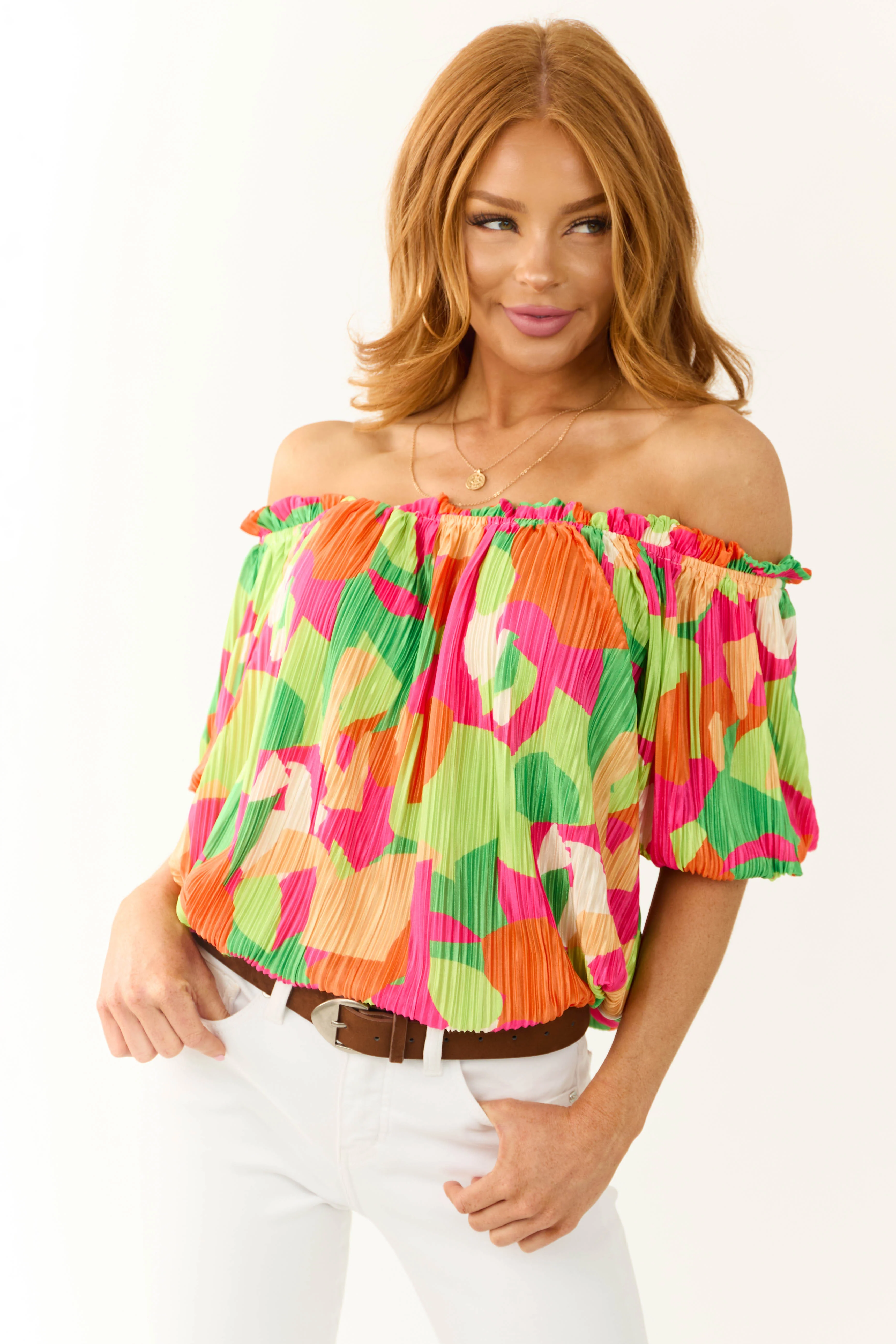Flying Tomato Neon Kiwi Plisse Satin Abstract Print Top - LD SALE