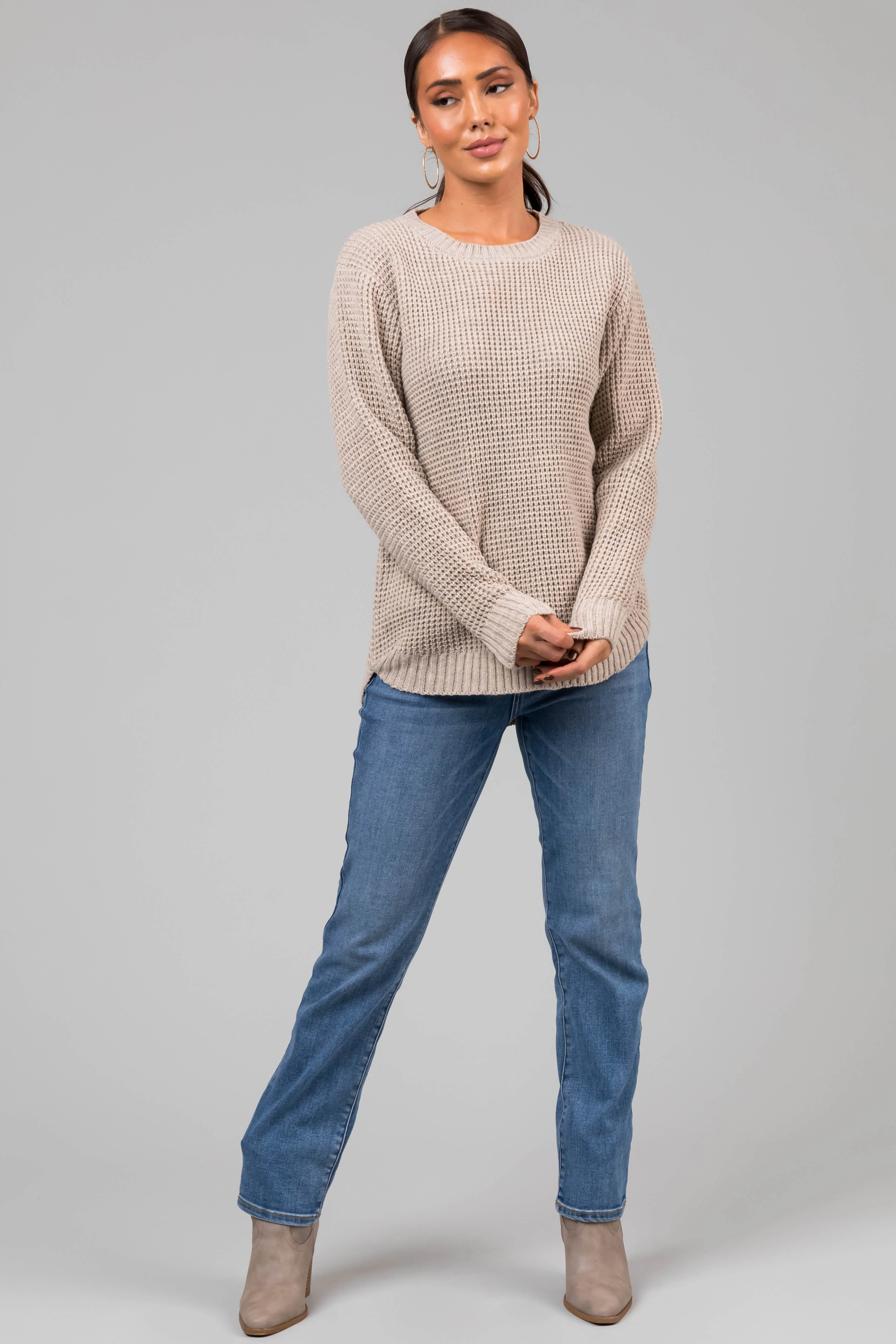 Oatmeal Thick Waffle Knit Curved Hem Sweater - LD SALE