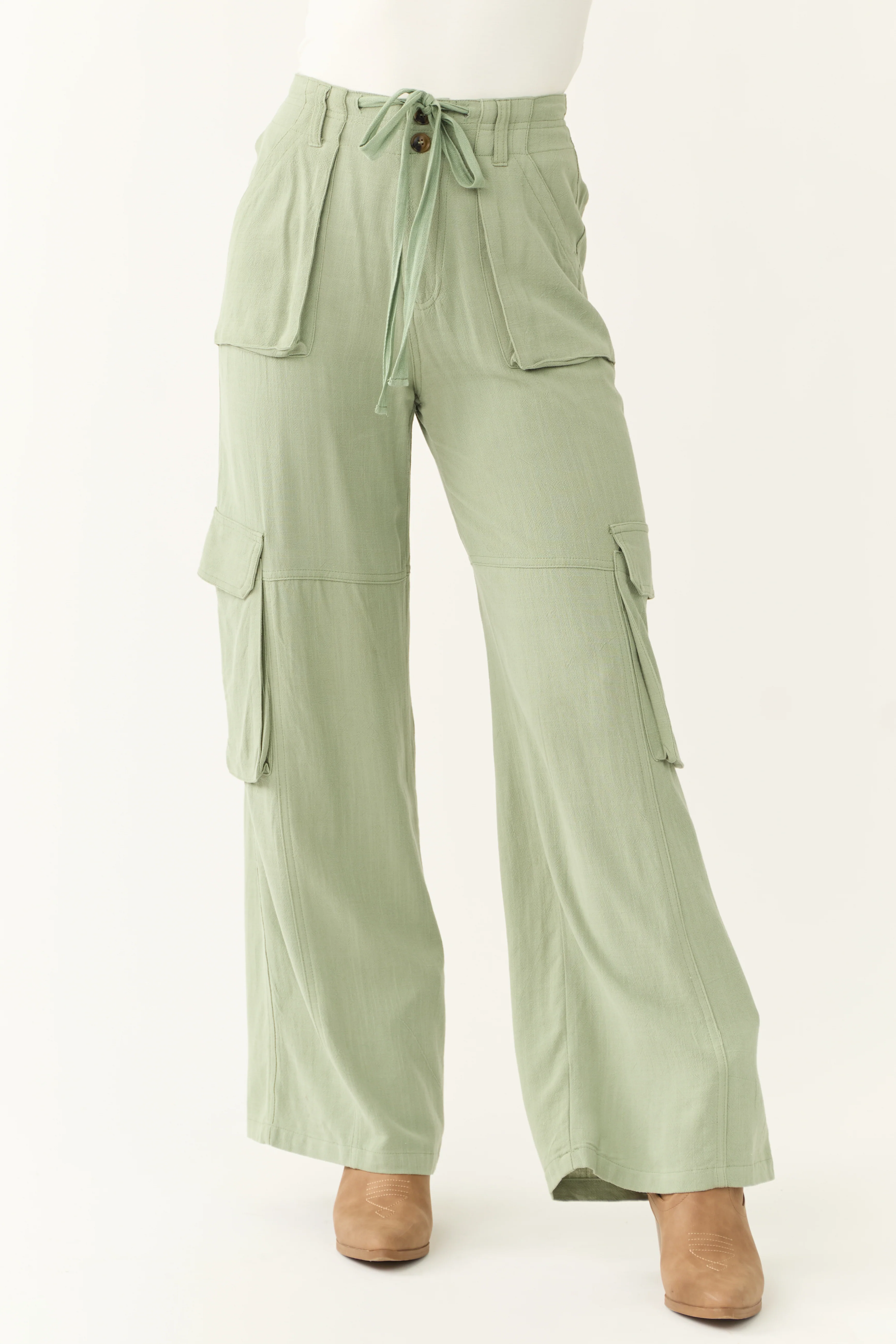 Rich Sage Relaxed Fit Wide Leg Cargo Pants - LD SALE