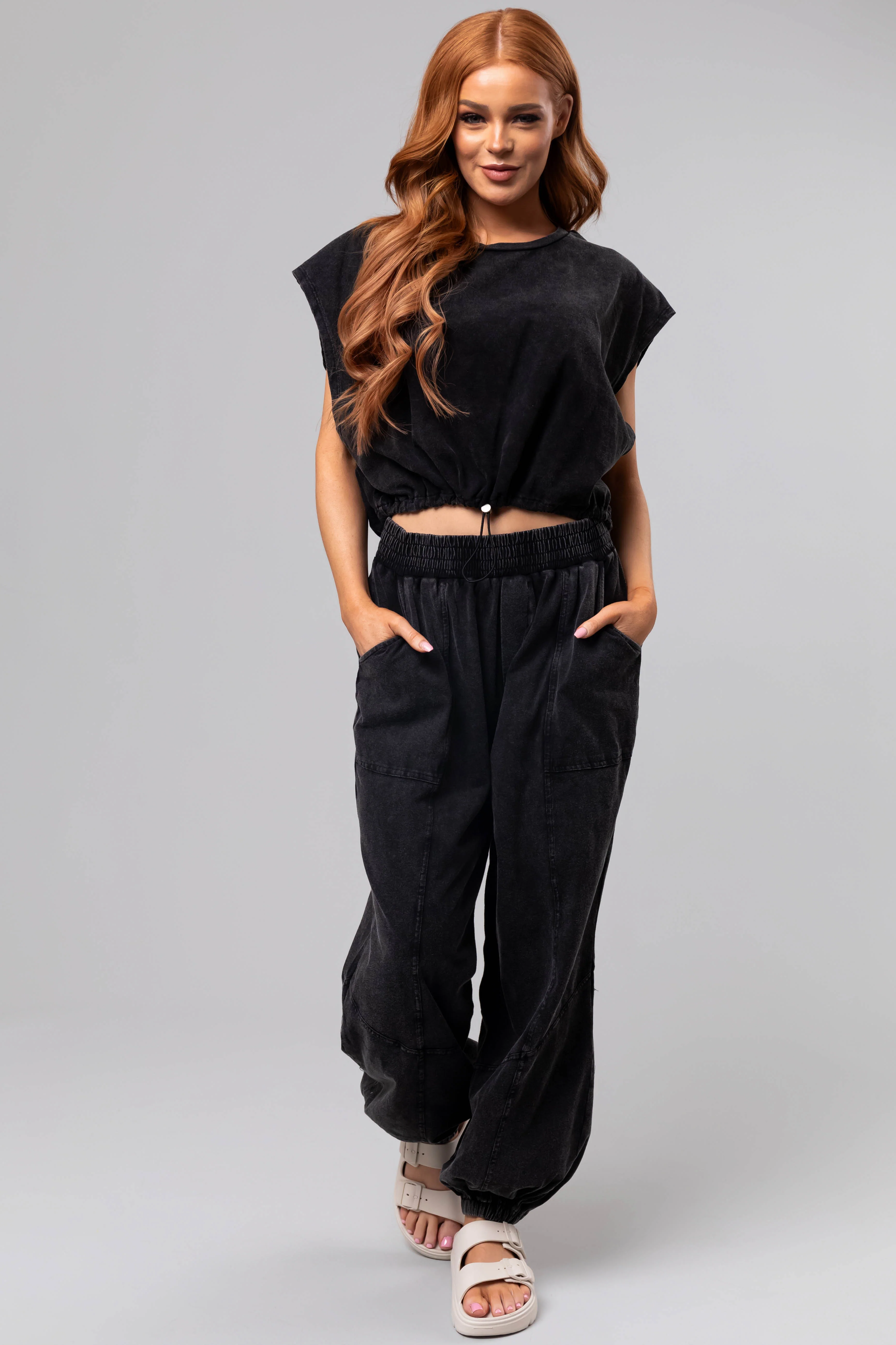 Black Mineral Wash Elastic Joggers - LD SALE