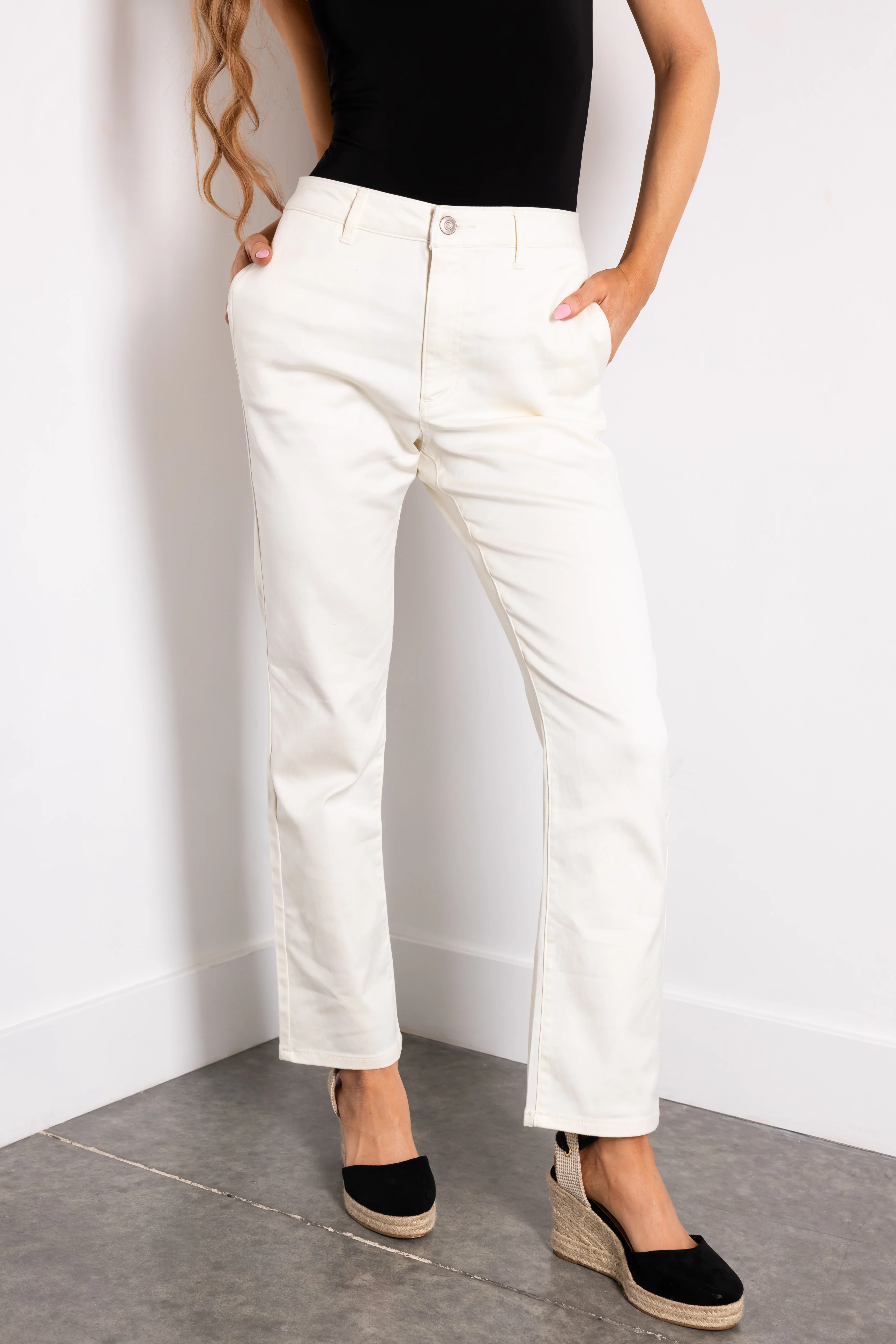 Cream Straight Fit High Waisted Twill Jeans - LD SALE