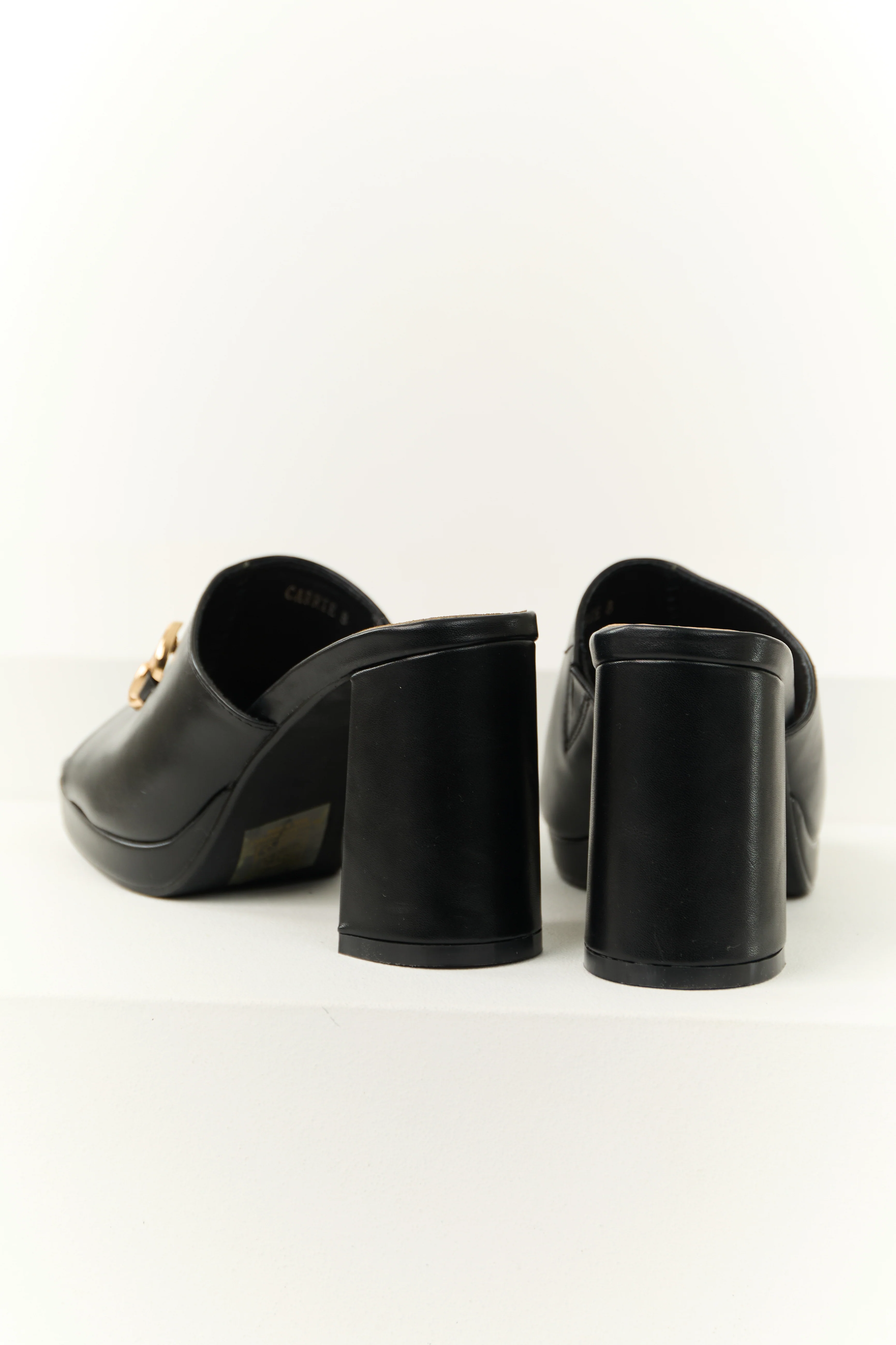 Black Slip On Gold Buckle Strap Block Heels - LD SALE