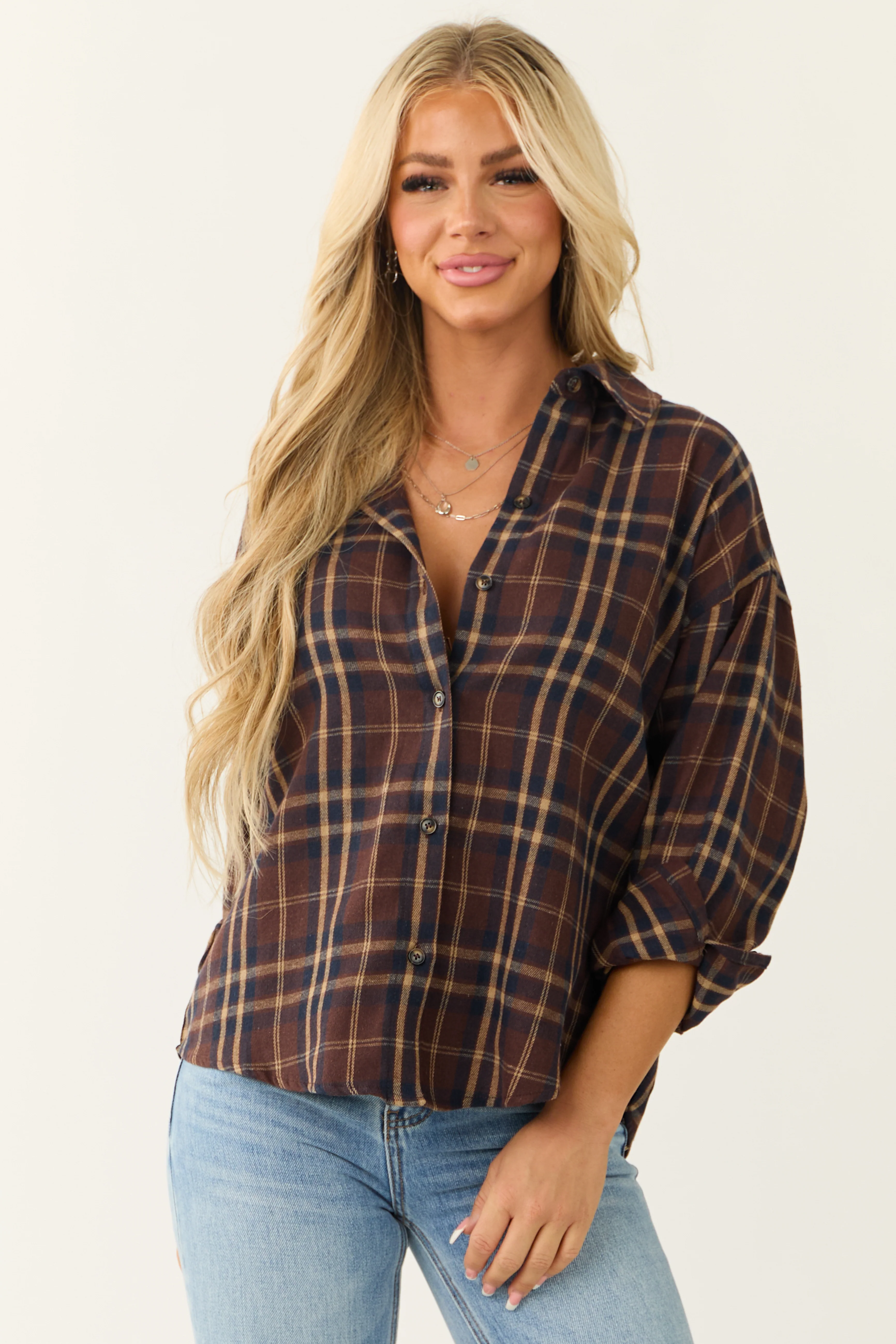 Chocolate Plaid Button Down Long Sleeve Top - LD SALE