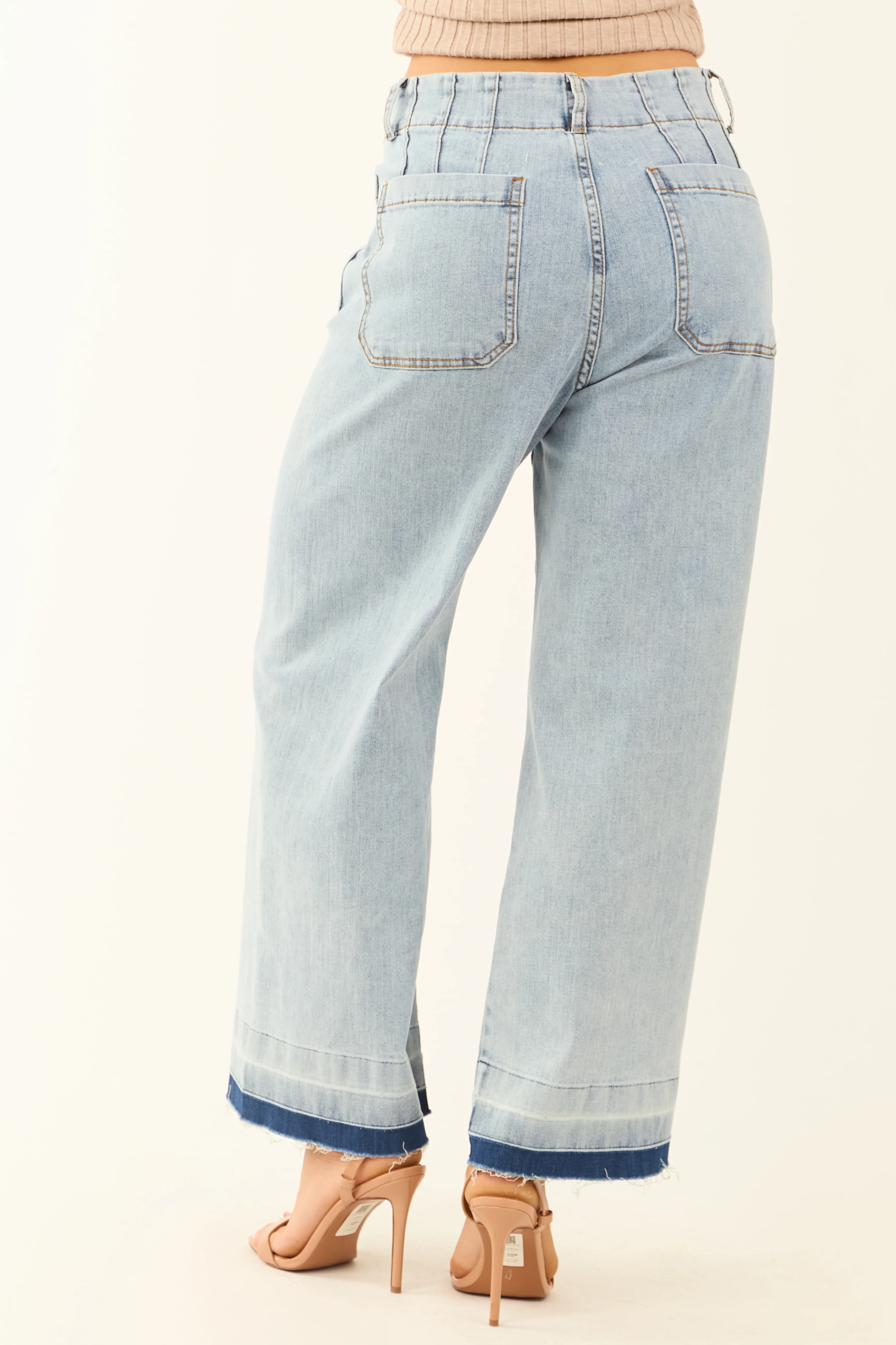 Light Mineral Wash Denim Ombre Hem Patch Pocket Jeans - LD SALE